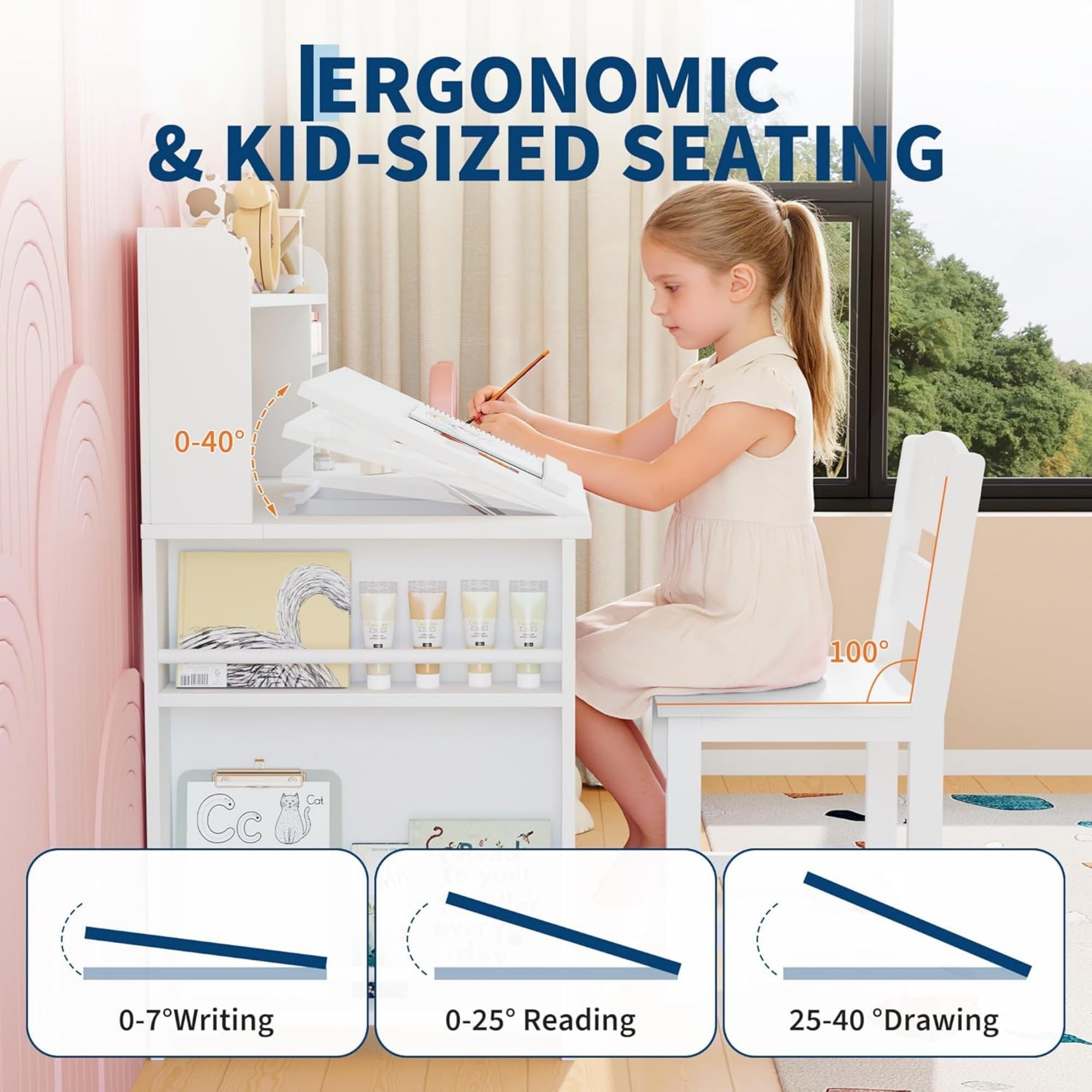 Bureau Enfant Fille Garcon 3-8 an, 3 en 1 Table Enfant en Bois avec Plateau Incliné 0-40°, Table d'Étude avec Rangement pour Dessiner, Lire, 104.5 * 60 * 13.5 cm (Blanc)