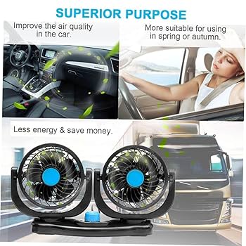 Yerloa Car Fan, 12V Dual Head Car Fans, 360u00b0Rotatable With 2 Speed