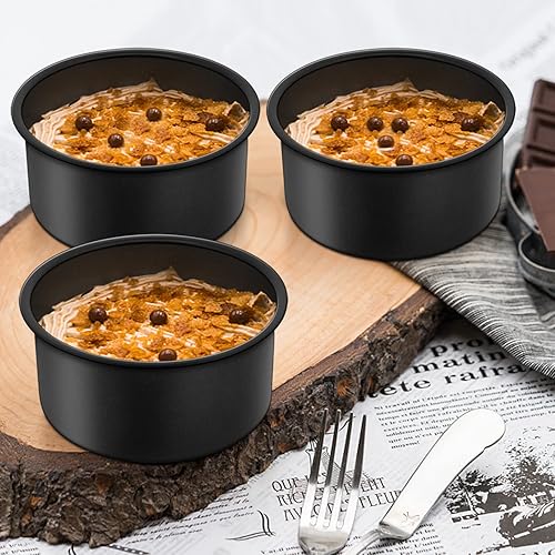 Miniatura 6 de P&P CHEF Juego de 3 mini moldes para tartas de 4 pulgadas, moldes redondos antiadherentes para pasteles de pequeños niveles, no tóxicos y sólidos,