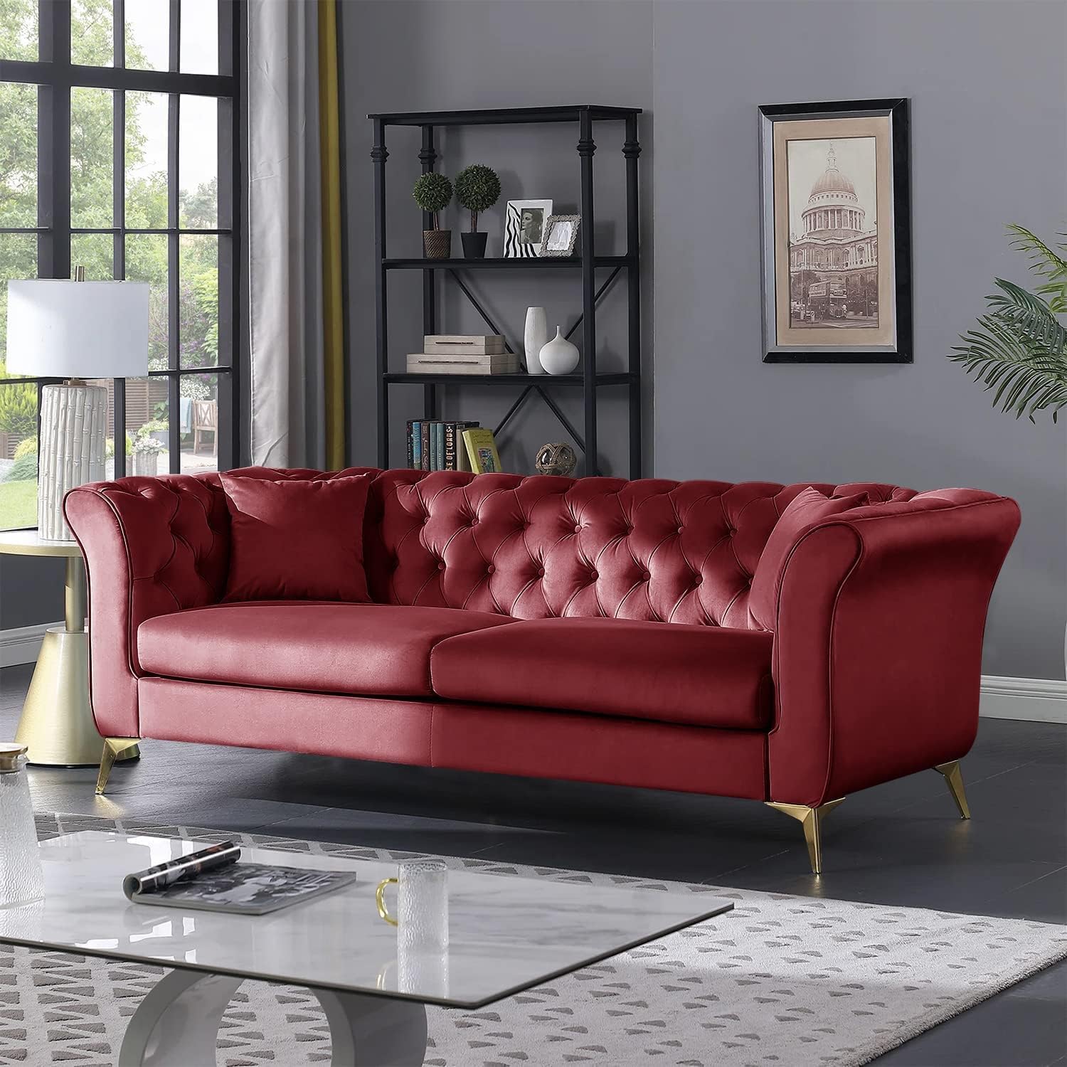 KANABA CRAFTS Modern & Luxury Velvet 3 Seater Chesterfield Sleeper Sofa with Golden Metal Legs for Stylish Sofa Your Living Room, Dining Room, Office, and Hallway-(Red).-picture-21
