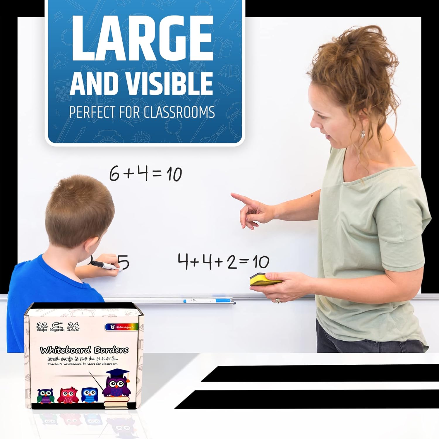 Strong & Wide Magnetic Borders for Classroom Whiteboard - Visible Magnetic Strips for Teachers (4 Designs Available) | Straight Plain - Black | 12 Strips of 24X1.5 Inch - 24 Feet Total