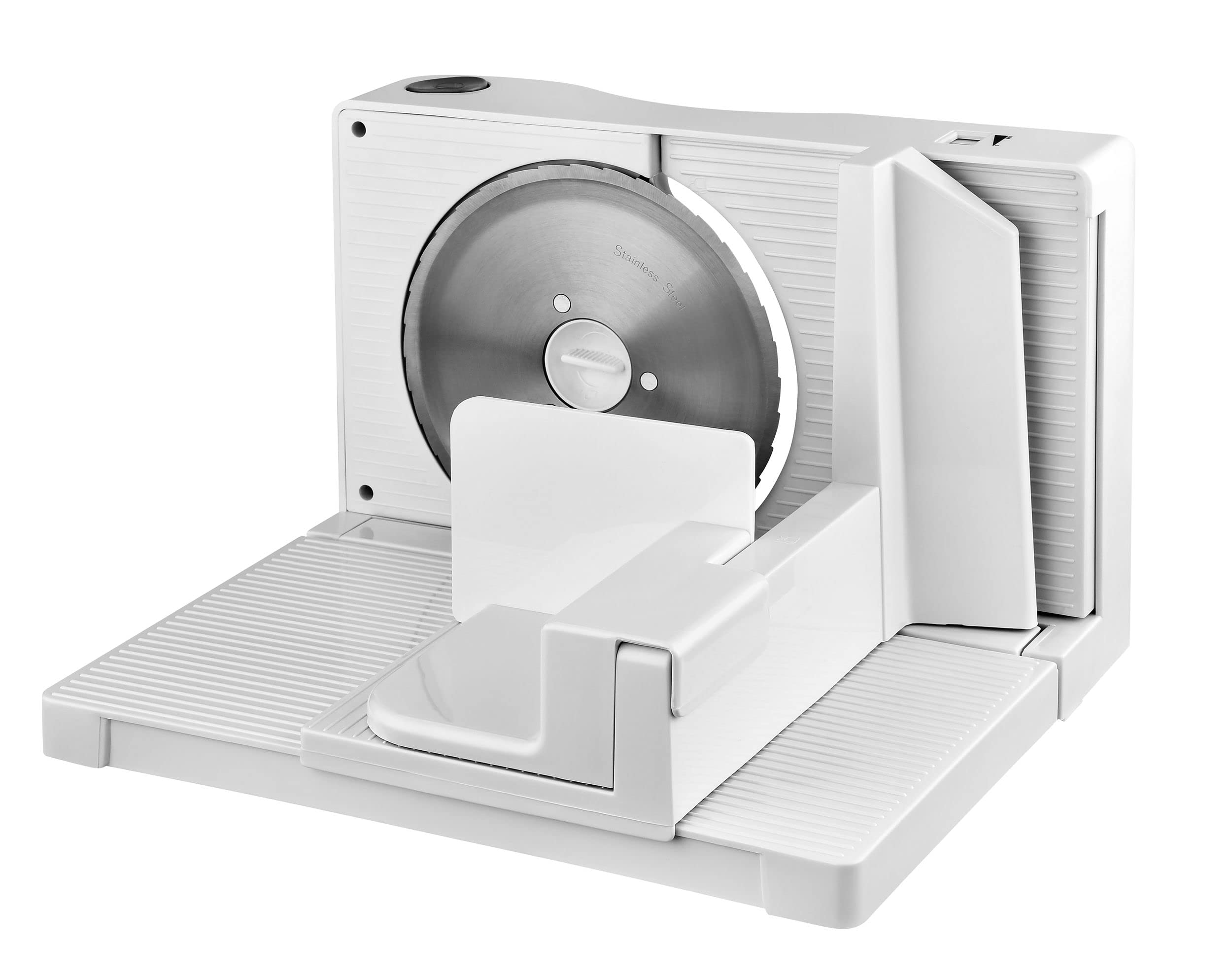 KALORIK TKG AS 1004 WH PL Allesschneider, 17 cm Messer, elektrisch, klappbar, einstellbar 0-15mm, für Gemüse, Brot und Aufschnitt, 100 W, Weiß