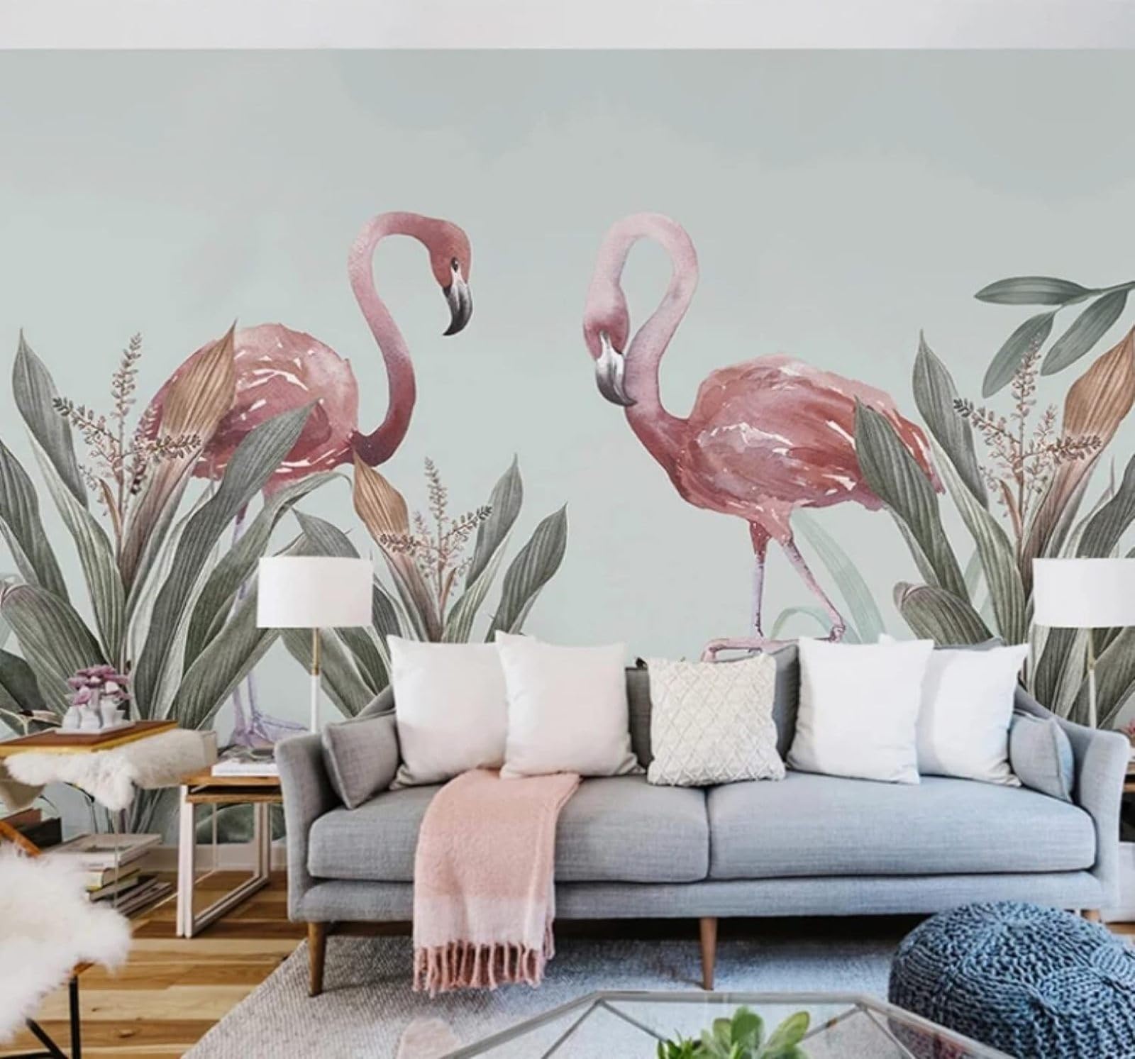 XLMING Hand Drawn Minimalist Green Plants Flamingos 3D Wallpaper Luxury Silk Study Dining Feature Sofa Grey Bedroom Living Room Tv Decorative Wall-150cm×105cm