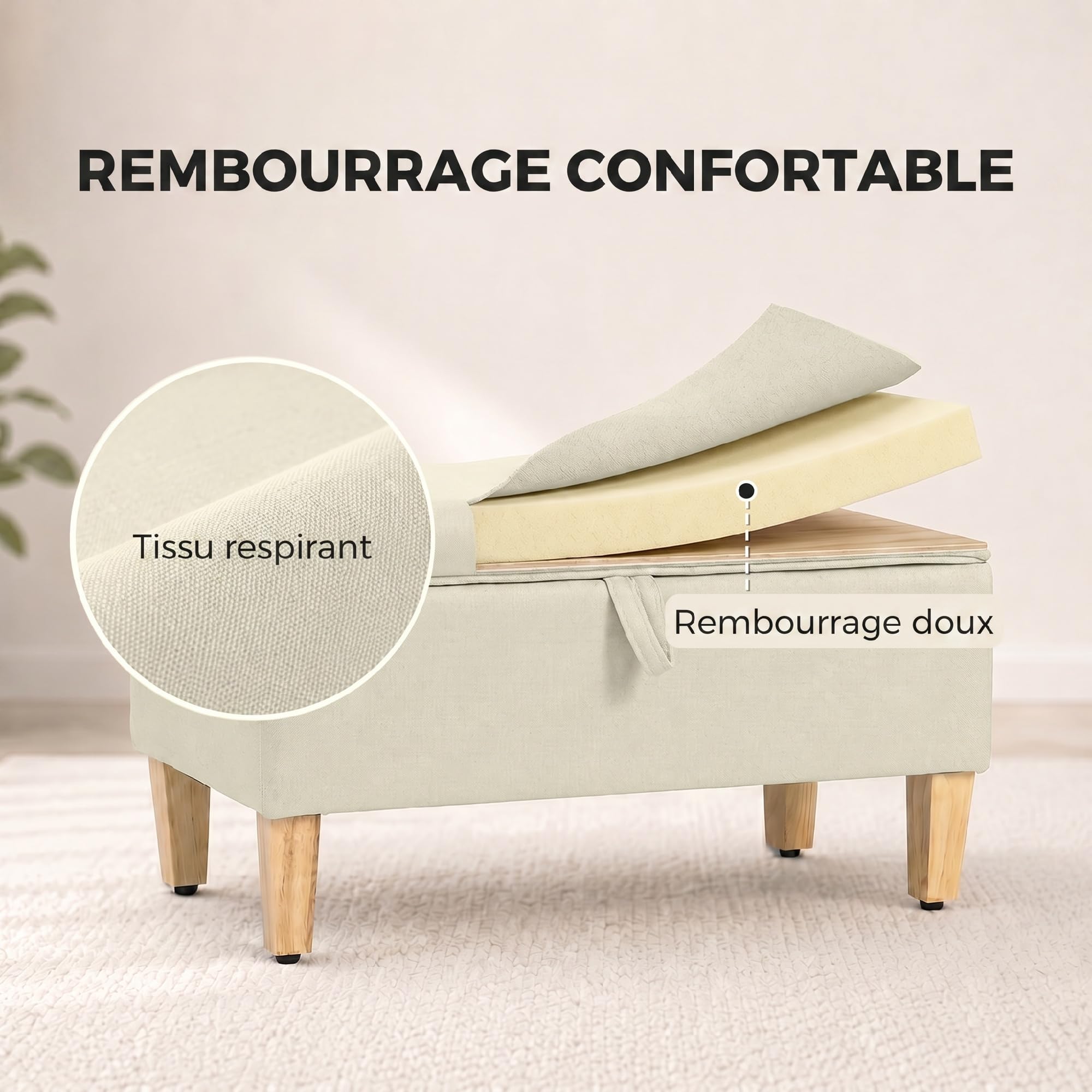HOMCOM Banc de Rangement, Bout de Lit, 71 x 37 x 36 cm, Beige