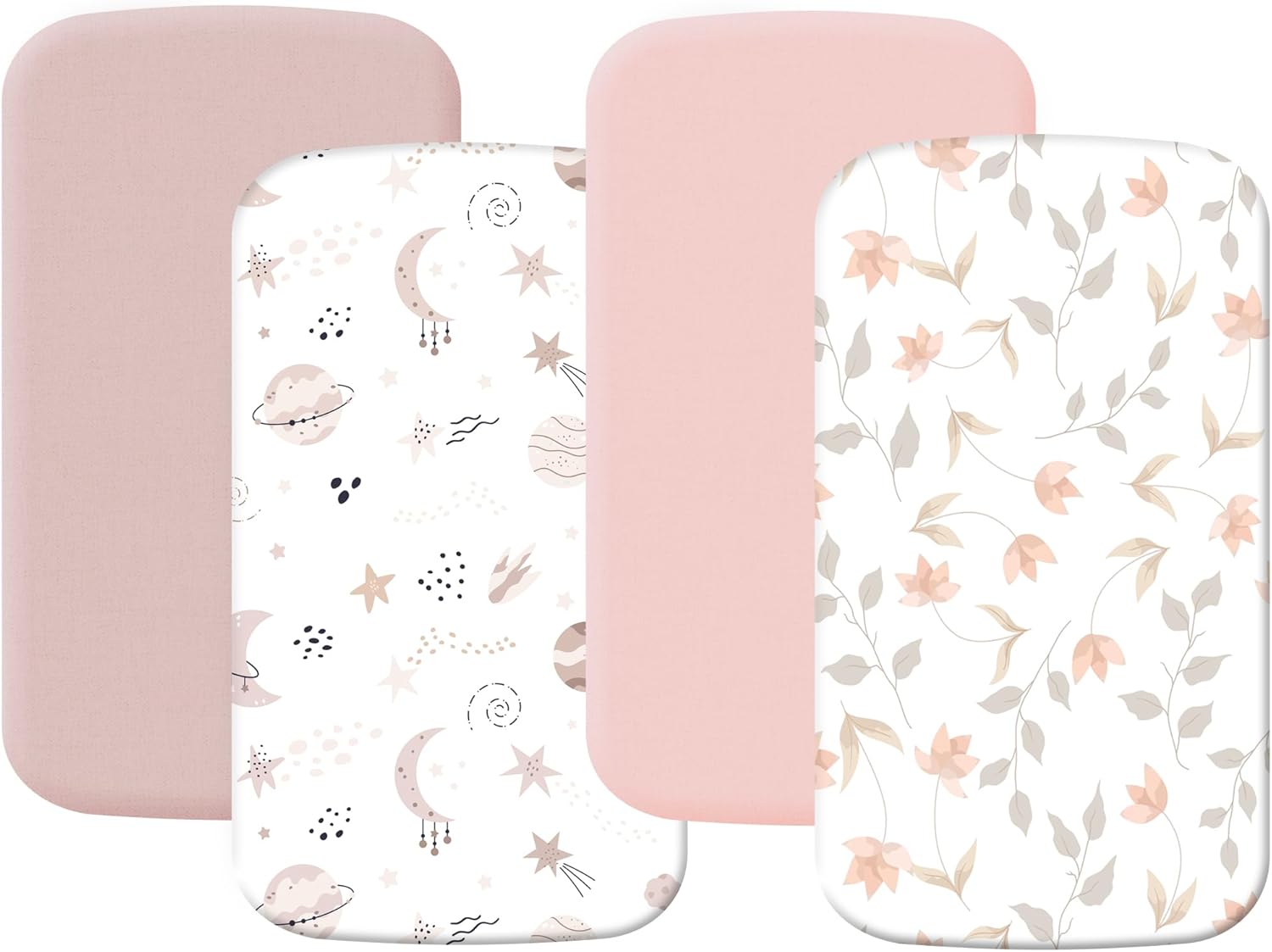 4 Pack Stretchy Bassinet Sheets 20" x 35" Compatible with Newton, Ezebaby, Angelbliss, AMKE(3 in 1) & Other Large Bedside Sleeper - Soft Breathable Fitted Bassinet Sheets for Baby- Light Pink & Star