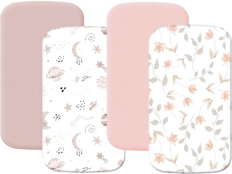 4 Pack Baby Bassinet Sheets 20" x 35" Compatible with Newton, Ezebaby, Angelbliss, AMKE3 in 1 & Other Large Bedside Sleeper - Soft Breathable Bassinet Fitted Sheets for Girl - Light Pink & Star