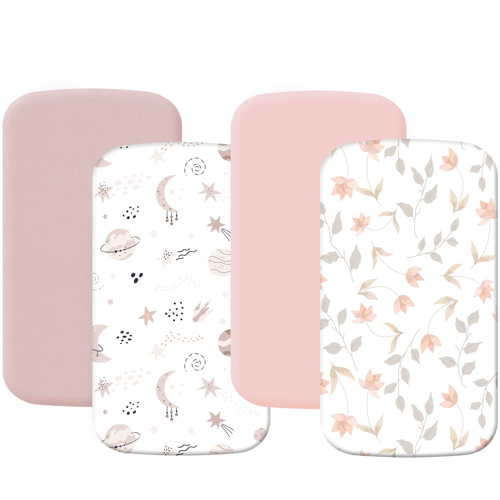 4 Pack Baby Bassinet Sheets 20" x 35" Compatible with Newton, Ezebaby, Angelbliss, AMKE(3 in 1) &amp; Other Large Bedside Sleeper - Soft Breathable Bassinet Fitted Sheets for Girl - Light Pink &amp; Star