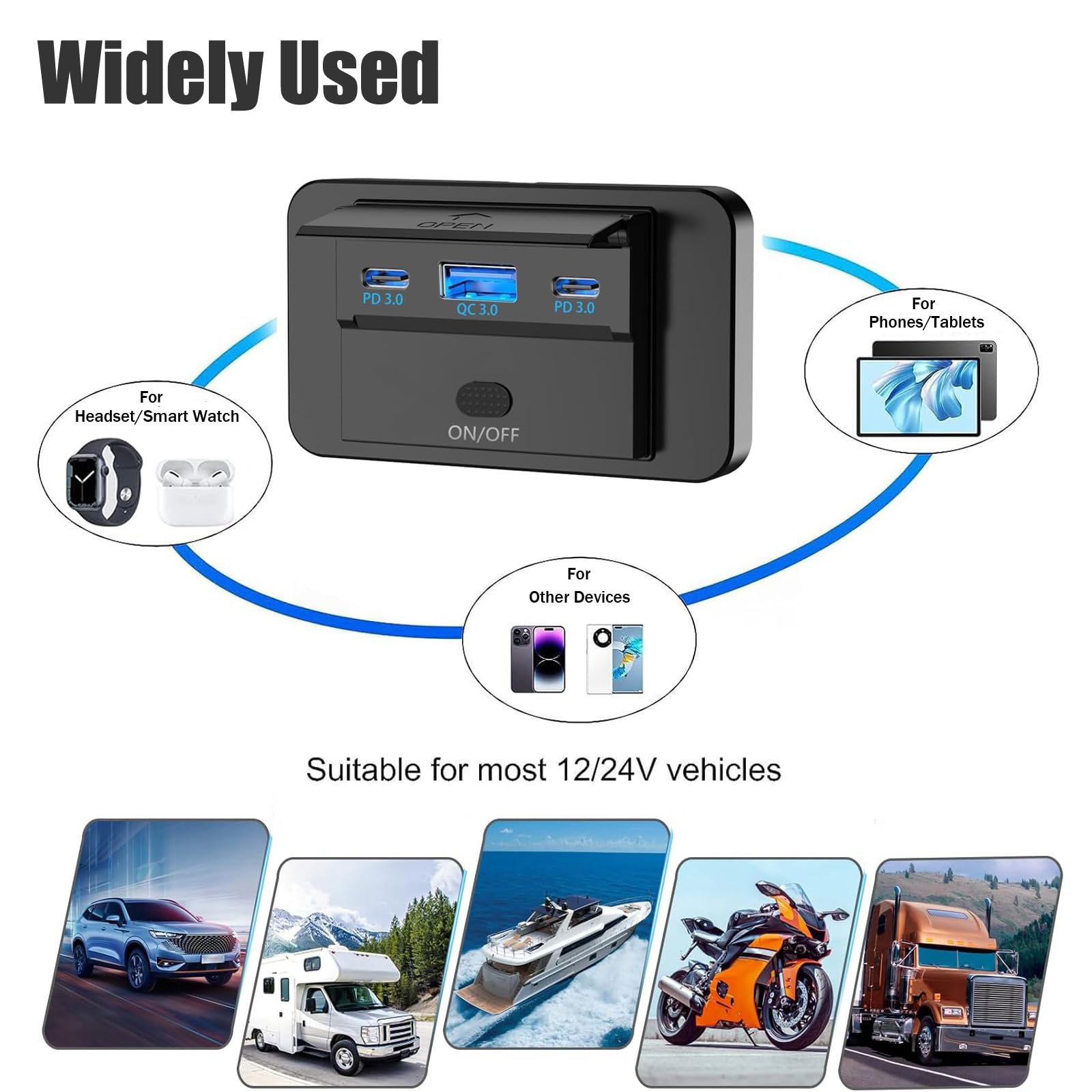 Presa USB 12V, 90W - Caricatore Triplo Porta con Ricarica Rapida Simultanea (QC3.0 + 2 x PD), Interruttore On/Off, Presa USB Integrabile per Auto 12-24V, Camion, Barche, Camper (2 Pezzi)