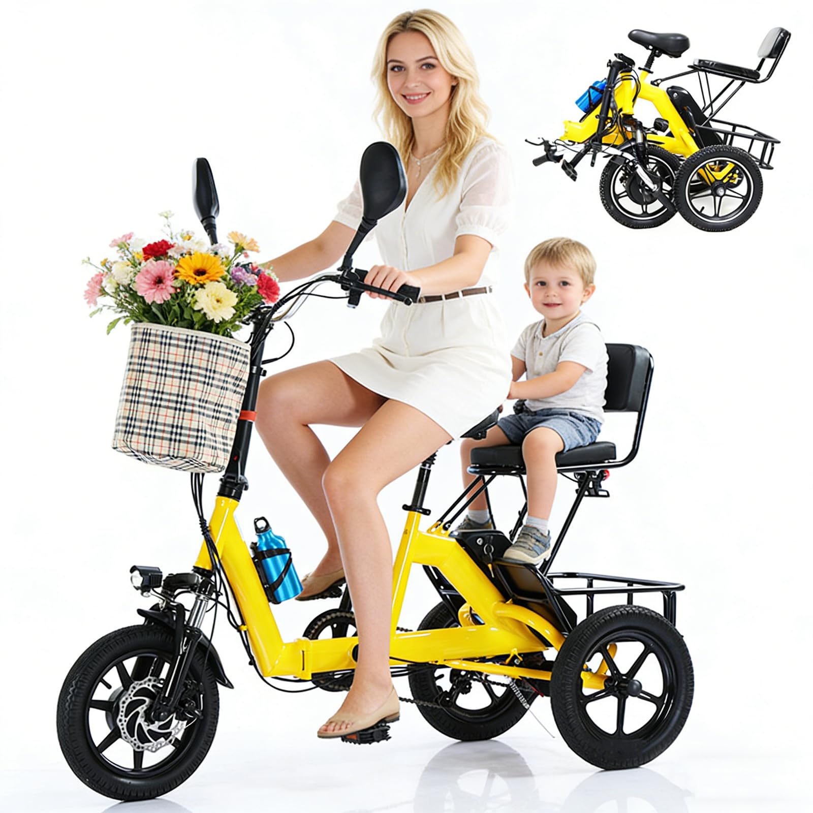 Triciclo Elettrico Pieghevole,E-Bike a 2 Posti,Batteria 48 V 10 Ah,Bicicletta Elettrica a 3 Ruote Con Display LCD,Autonomia Fino a 45 Km, Triciclo per Adulti E Genitori,Portata Massima: 180 Kg Yellow