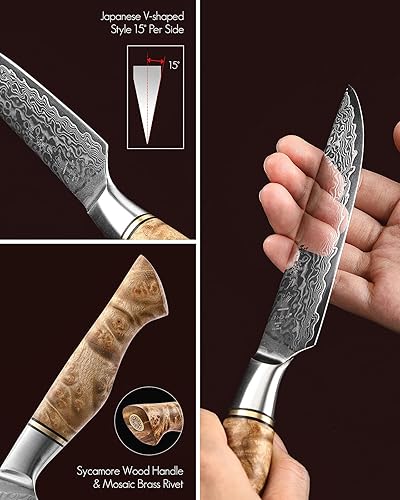 Vista 66 de HEZHEN Juego de cuchillos de cocina de 7 piezas, cuchillo de chef profesional de acero de Damasco de alto carbono, Santoku, pan, utilidad, cuchillos