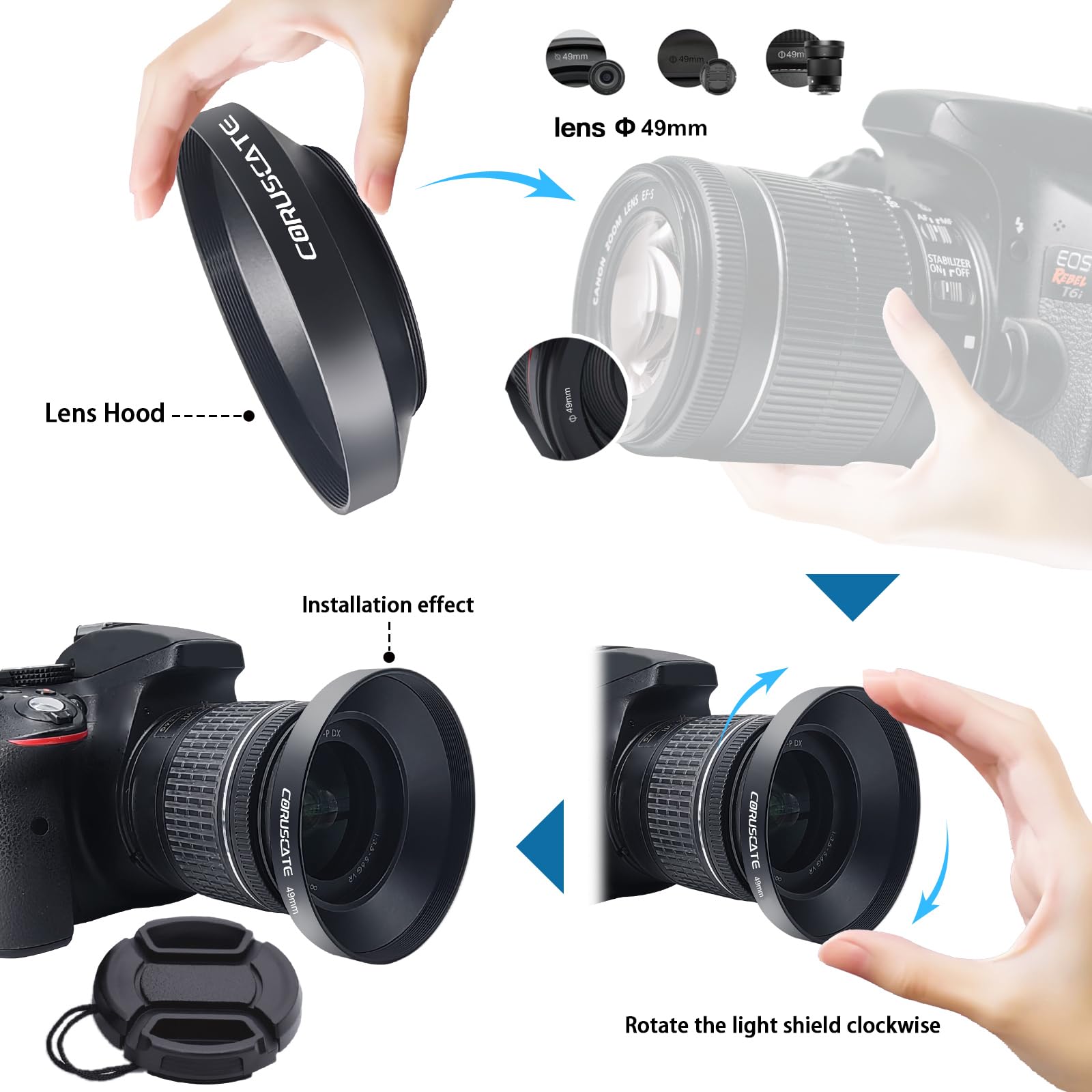49mm Universal Metal Lens Hood,Wide Angle Lens Hood Compatible All 49mm Brands Camera lens(and easy to install and remove)+1pcs 49mm Lens Cap+1pcs Lens cleaning cloth (49mm) - Image 3