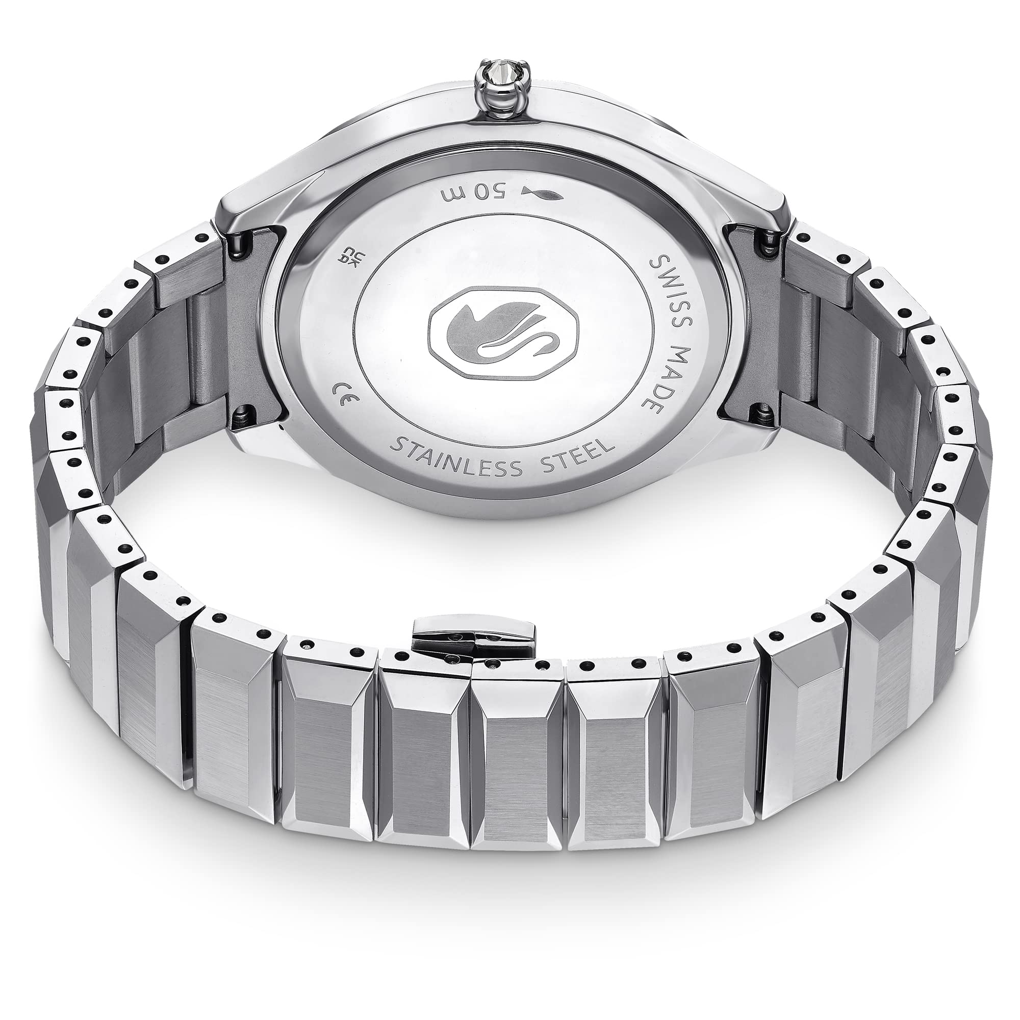 Swarovski Dextera Uhr, Edelstahl Damenuhr mit Silberfarbenem Gehäuse und Zifferblatt, Swarovski Kristallen und Metallarmband