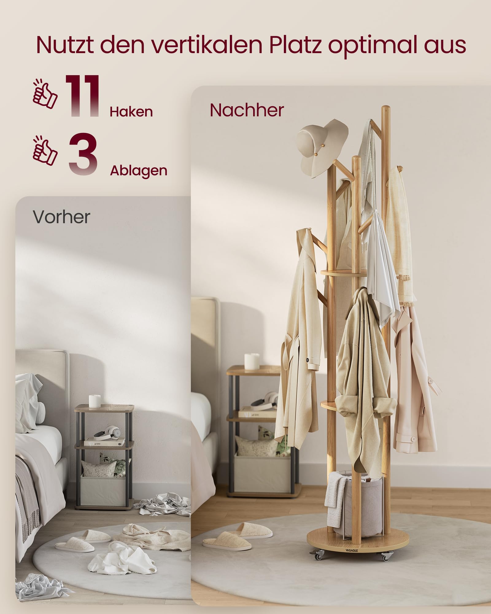 VASAGLE Garderobenständer, Kleiderständer mit 11 Haken und 3 Ablagen, 4 drehbare und abnehmbare Rollen, Haken und Haltestangen aus Massivholz, Eingang Schlafzimmer Wohnzimmer, naturfarben RCR023YK01