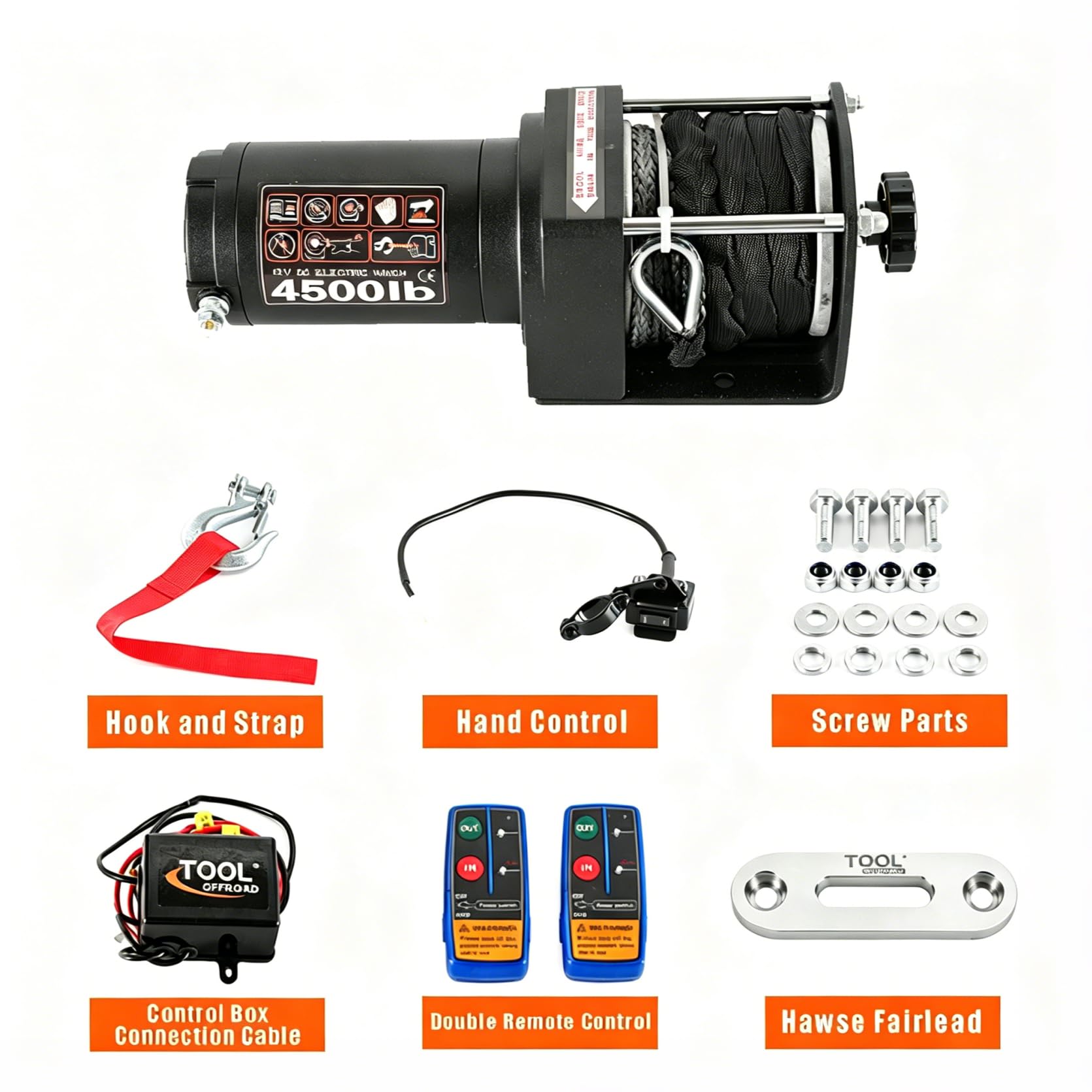 Kit de cabrestante eléctrico ATV/UTV de 4500 libras, cuerda sintética de 12 V CC, cabrestante de remolque de recuperación impermeable con control remoto inalámbrico y con cable, placa de