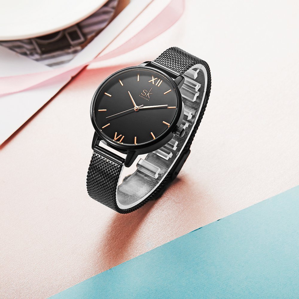 SHENGKE Simplicity Orologio da donna creativo in vera pelle elegante orologio da polso da donna, K0039-Cinturino in maglia nera