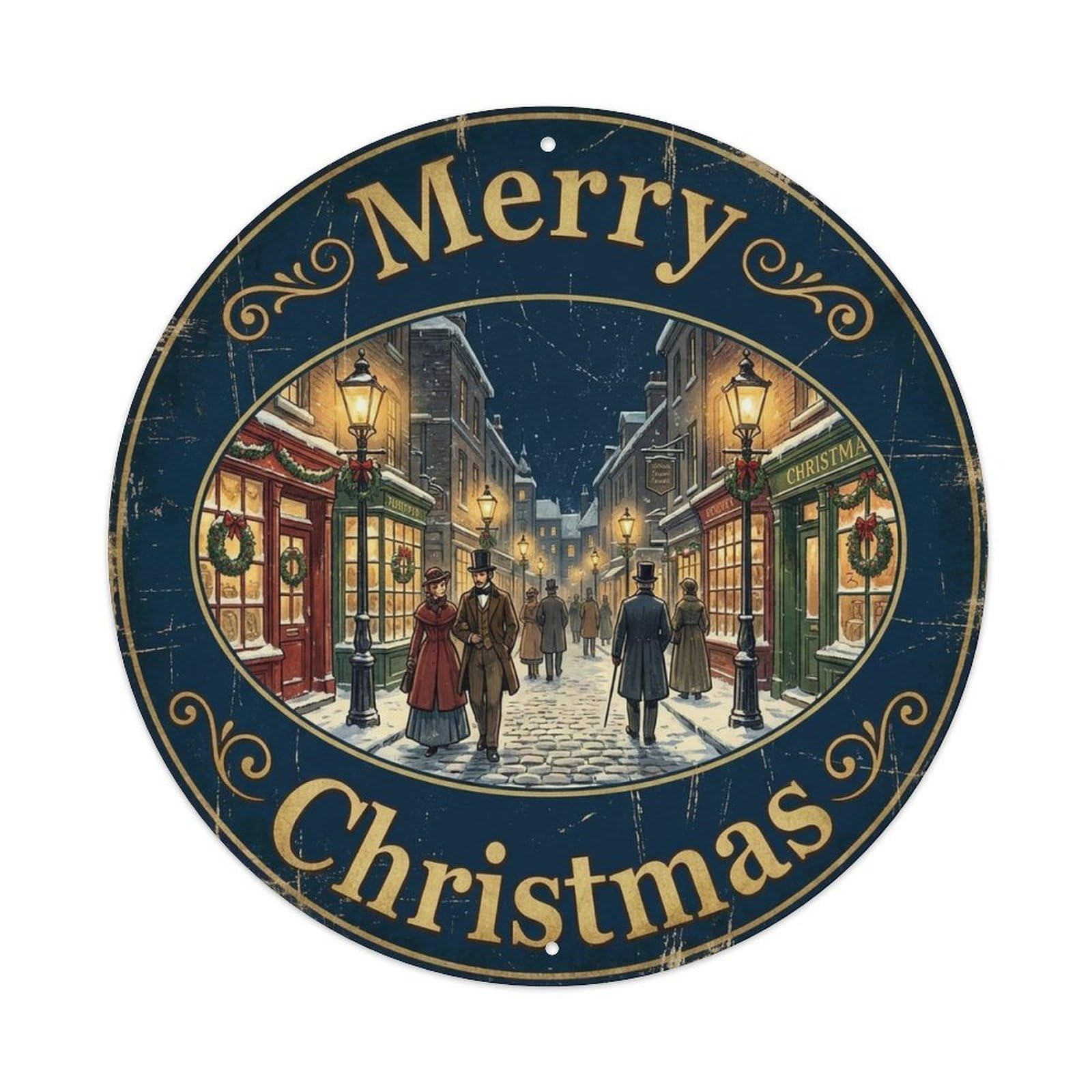 Merry Christmas Victorian Street Scene Metal Tin Sign