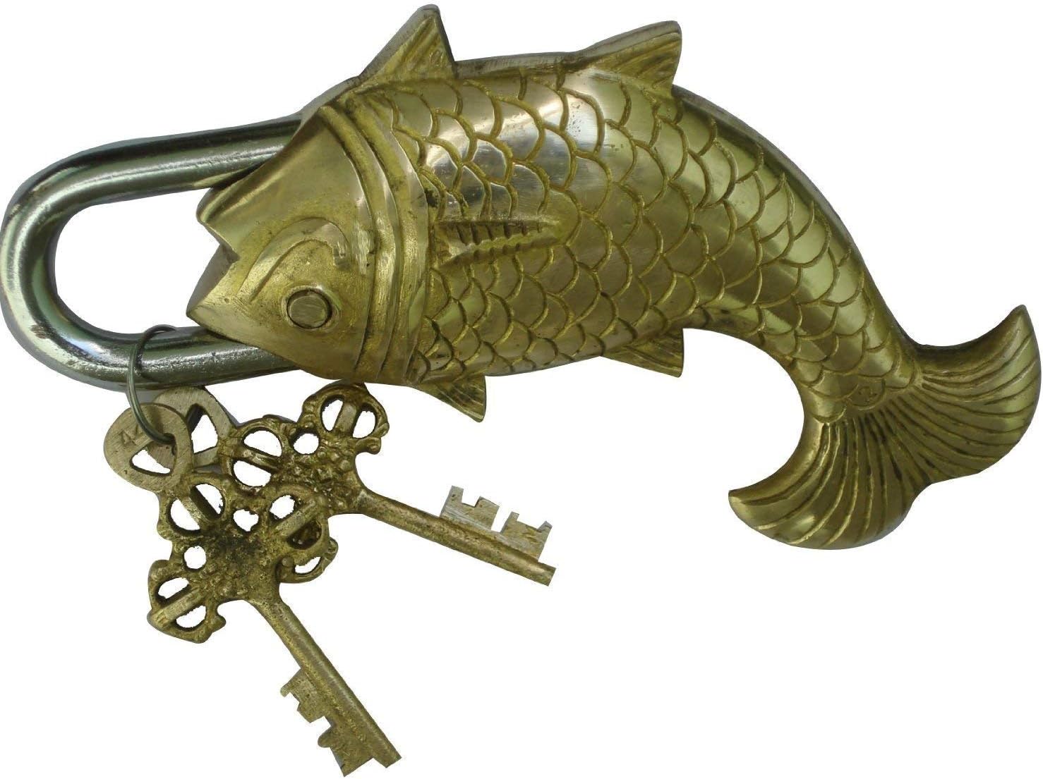 Brass Door Padlock Fully Functional Handmade Antique Design with Keys Unique Collectible Locks Combination of Style & Security (Big-Fish-Gold)