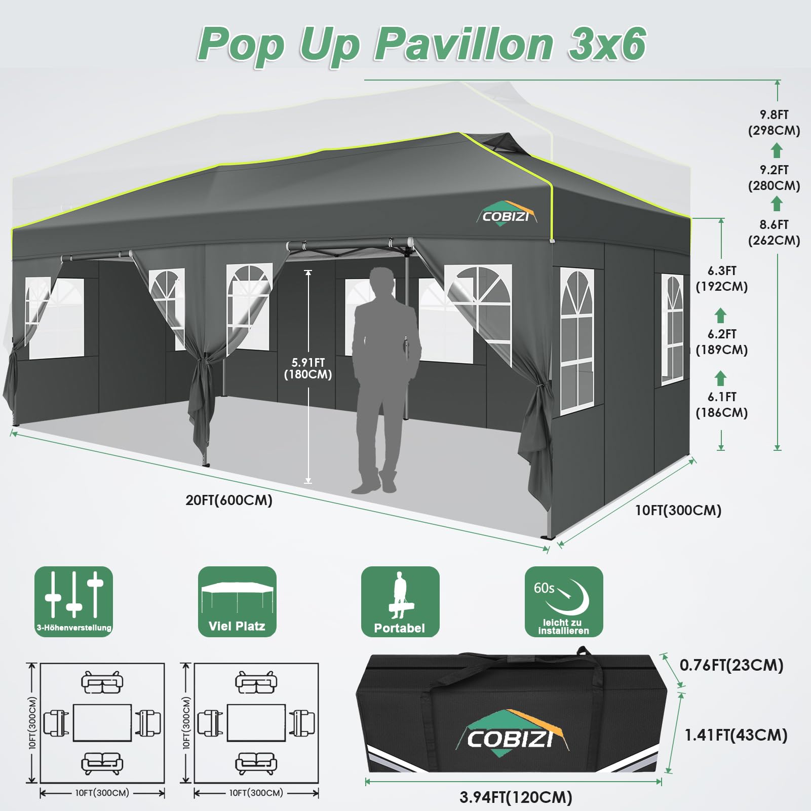 COBIZI Faltpavillon 3x6 Pavillon wasserdicht Winterfest, EIN-Tasten-Zentralverriegelung Partyzelt Faltbar Anti-UV mit Fluoreszierenden Streifen, 6 Seitenwänden, Gartenpavillon für Hochzeiten, Freien