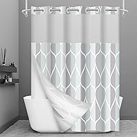 Vista 43 de Juego de cortina de ducha blanca sin gancho con forro de tela a presión, estilo hotel con ventana superior de malla transparente, diseño geométrico
