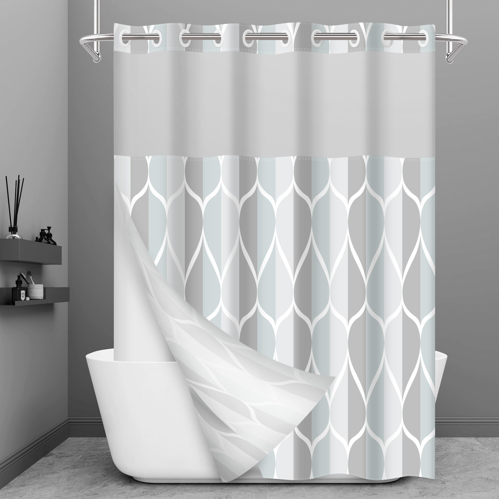 Yiatn No Hook Grey Extra Long Shower Curtain with Snap in Fabric Liner Set - Hotel Style with See Through Mesh Top Window, Modern Geometric Waterdrop
