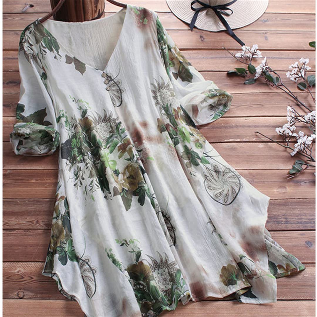 Camisa de Manga 3/4 con Cuello en V para Mujer, túnica Informal Suelta de algodón y Lino, Blusa Informal Suelta de Verano con Flores