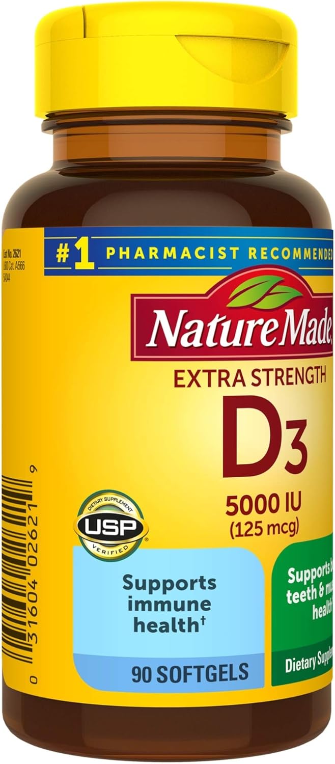 Nature Made Extra Strength Vitamin D3 5000 IU (125 mcg), Dietary Supplement for Immune Support, 90 Softgels, 90 Day Supply : Health & Household