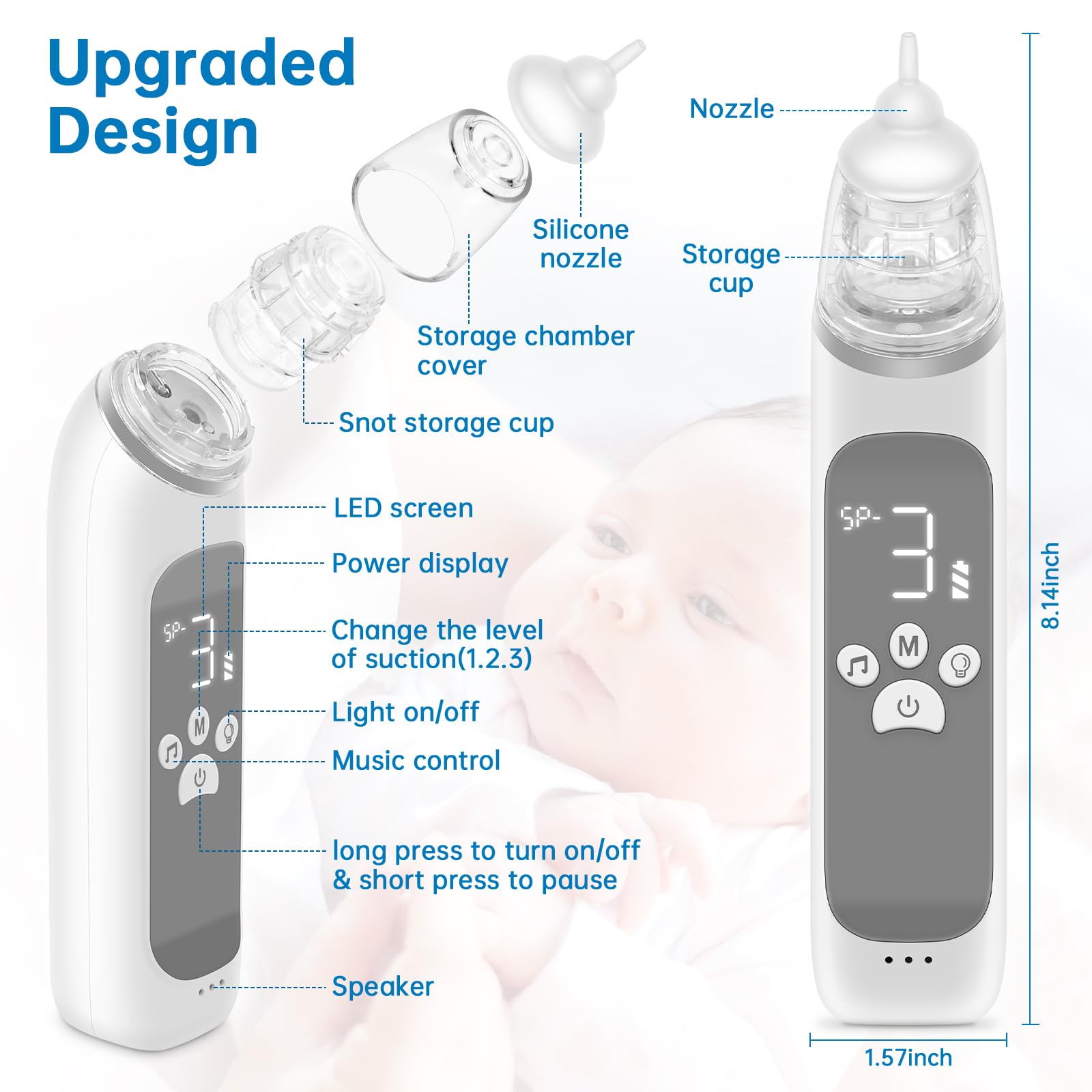 Aspirador nasal para bebé, aspirador eléctrico de nariz para bebé, aspirador de nariz para bebé, limpiador automático de nariz con 3 puntas de silicona