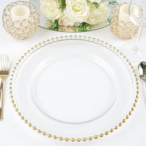 Efavormart - Paquete de 8 placas de carga redondas de vidrio con cuentas doradas de 12 pulgadas decoración de mesa para eventos