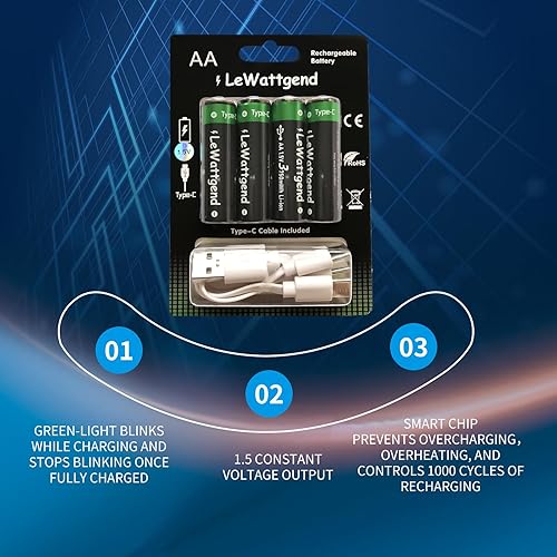 Miniatura 3 de Baterías de litio AA recargables de 1.5 V, batería AA de larga duración de 3750 mWh con salida de cable USB-C 4 en 1, baterías AA para juguetes de