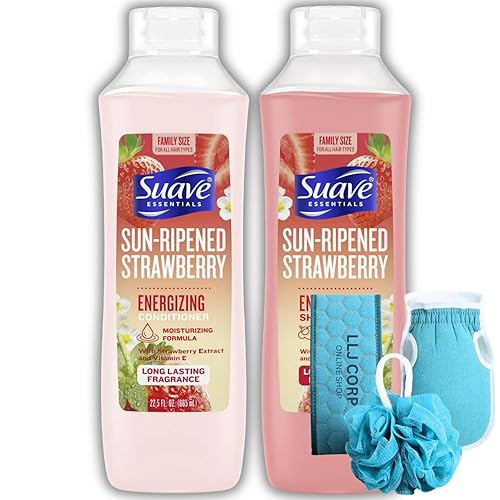 Miniatura 1 de Suave Essentials Champú fresa madurada por el sol + acondicionador de fresa, tamaño familiar, paquete de 22.5 onzas líquidas de 22.5 fl oz con 3 LLJ
