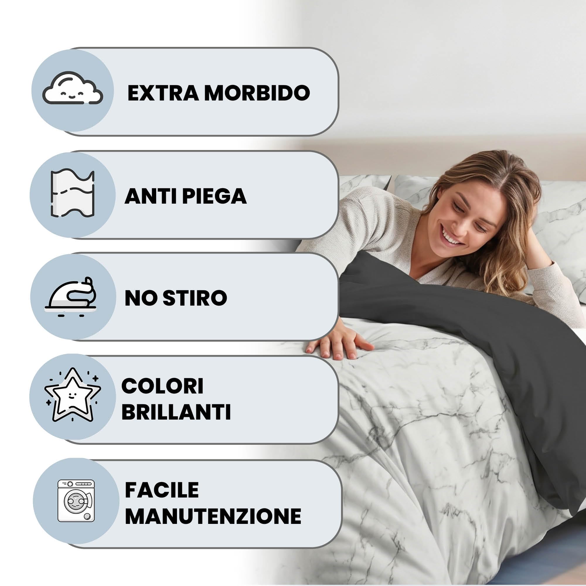 Set Copripiumino Microfibra Fashion, Lavorato in Italia - Parure Copri Piumino - Sacco Piumone 200x200 cm con Patella e federa Cuscino, Piazza e Mezza, Marble