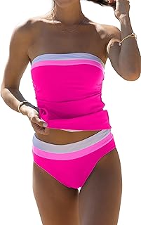 Conjunto de tankini para mujer con control de abdomen, color sólido, sin tirantes, color