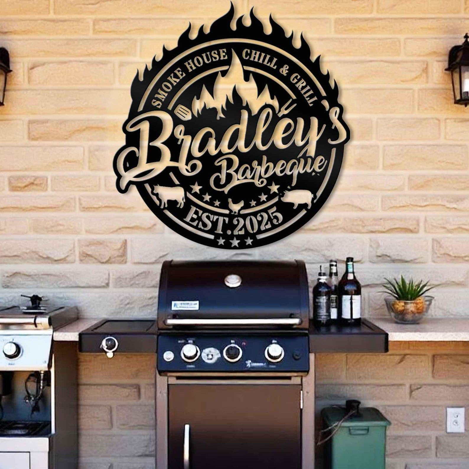 Personalized Smokehouse Grill Wall Decor, 8-24 Inches Custom BBQ Hanging Sign, Backyard Chef Name Sign, Grilling Gift for Dad, Christmas or Birthday