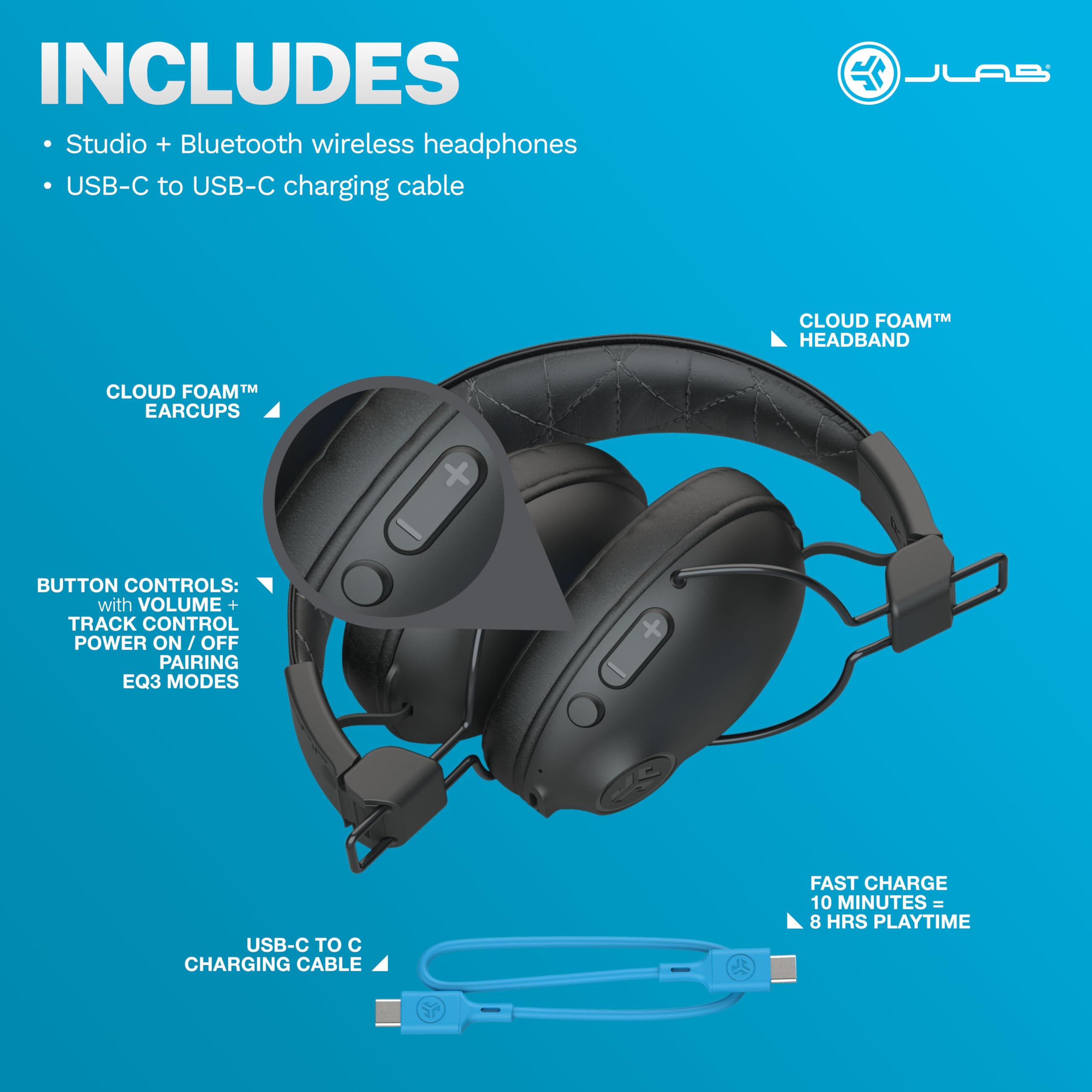 JLab Studio Pro+ Bluetooth Kopfhörer Over-Ear - Kabellos 65+ Std., Schwarz | Bluetooth 5.4, Wireless Headphones mit Mikrofon, Multipoint, Cloud Foam Komfort