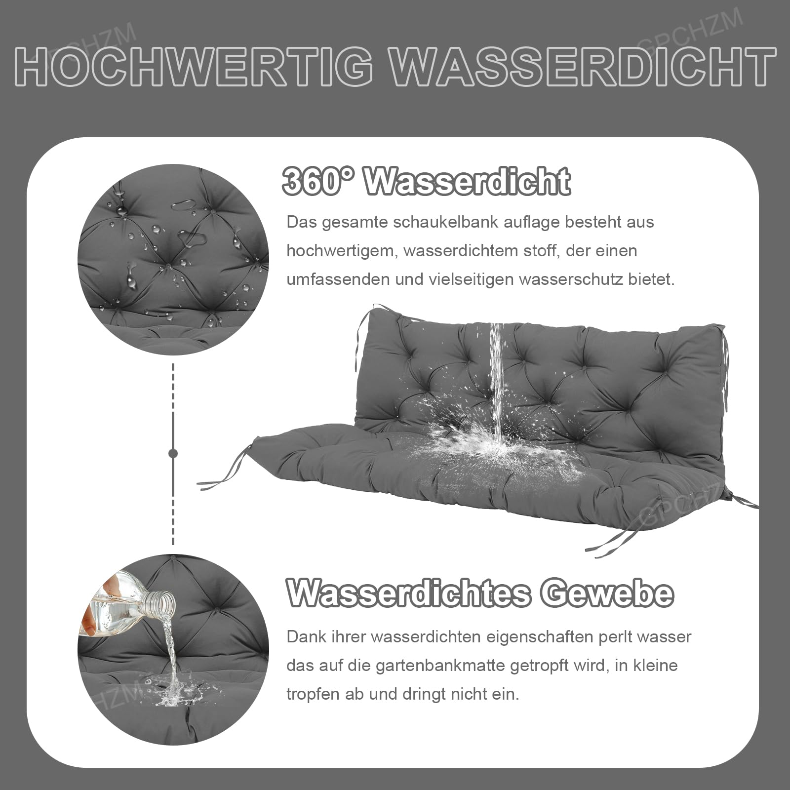 Hollywoodschaukel Auflage 180cm Wasserdicht Gartenbank Auflage Verdickt(12.5cm) Mit Rückenlehne Schaukelbank Auflage für Hollywoodschaukel Sitzbank Gartenbank Terrasse Hinterhof Rasen Veranda