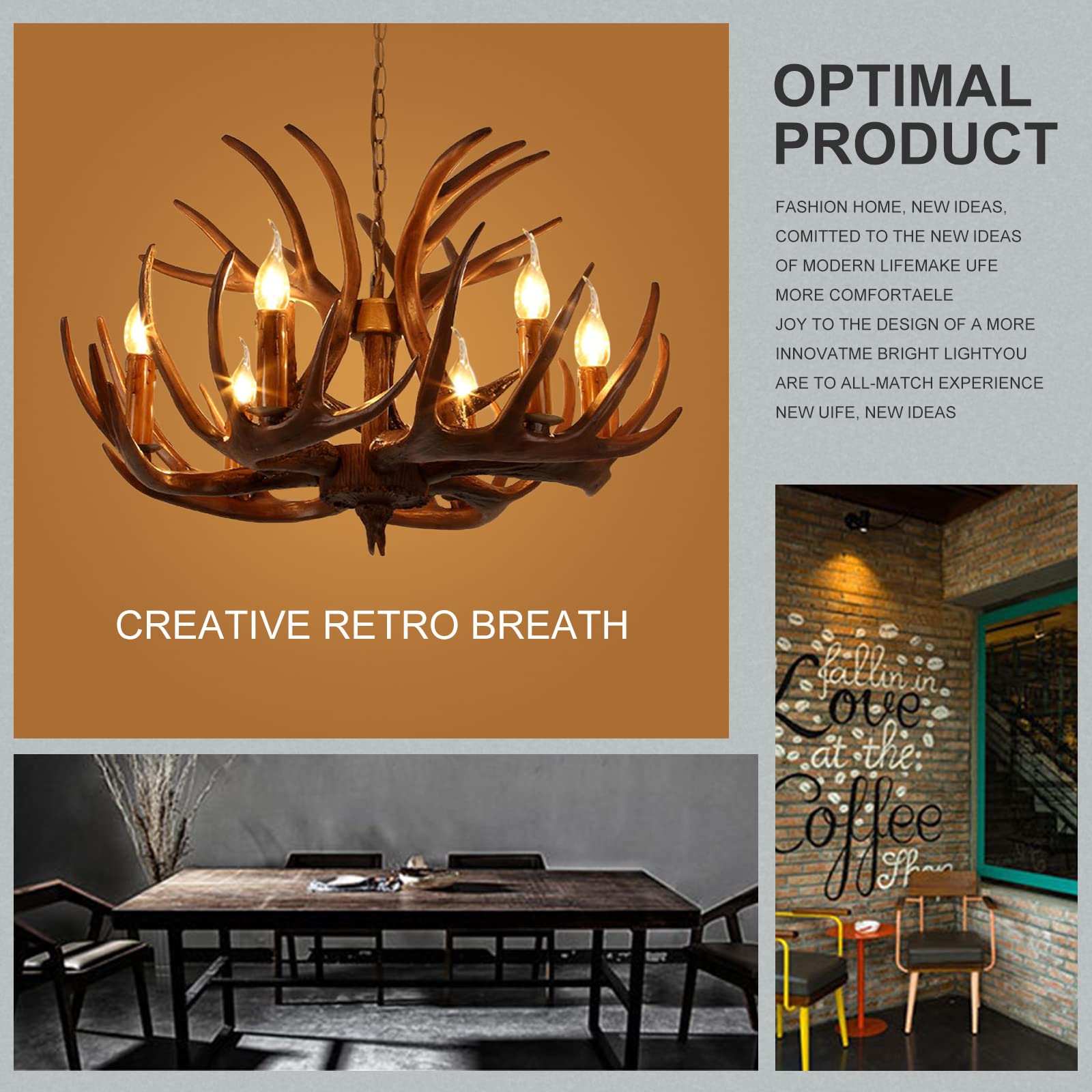 Lámpara Araña de Astas Vintage, 6 Luces Estilo Rústico para Comedor,A,B