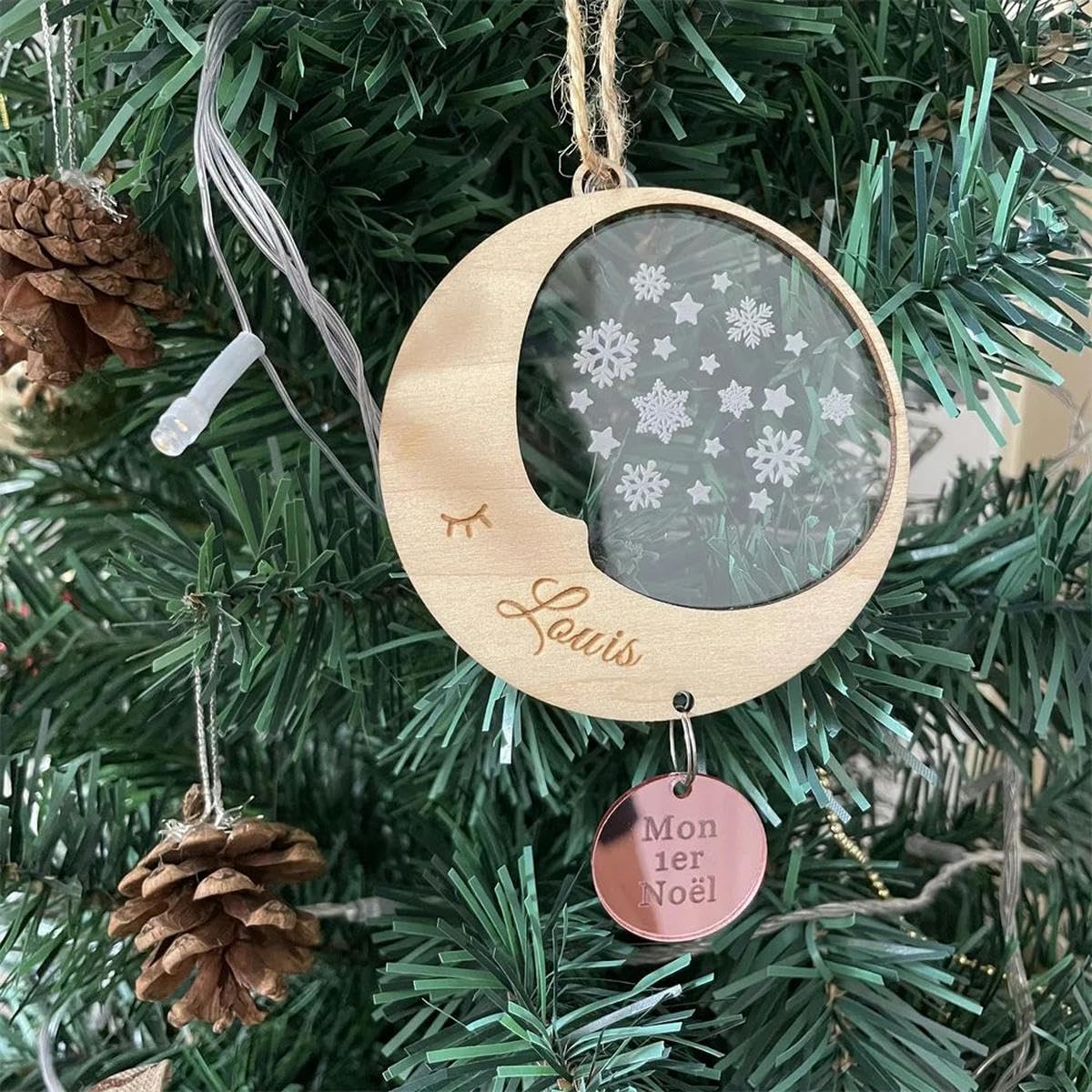 Nombre Personalizado Adorno navideño Bola de Madera y acrílico Transparente Adorno navideño Personalizado Copo de Nieve Espejo Oro Rosa-3 Piezas