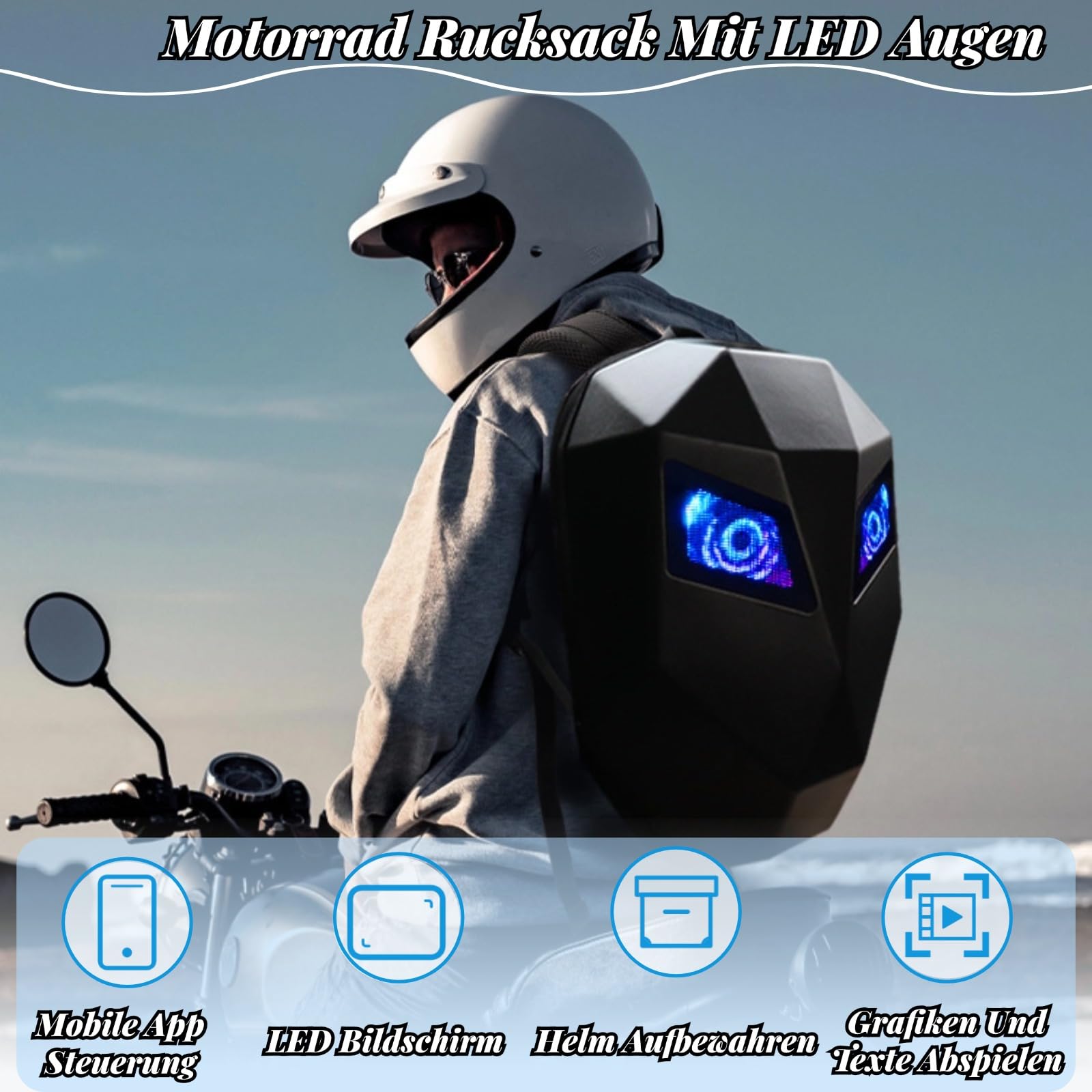VINGVO LED Motorcycle Backpack, Hard Shell With DIY Programmable Full Color Screen, 18in for Men Travelling Camping Cycling