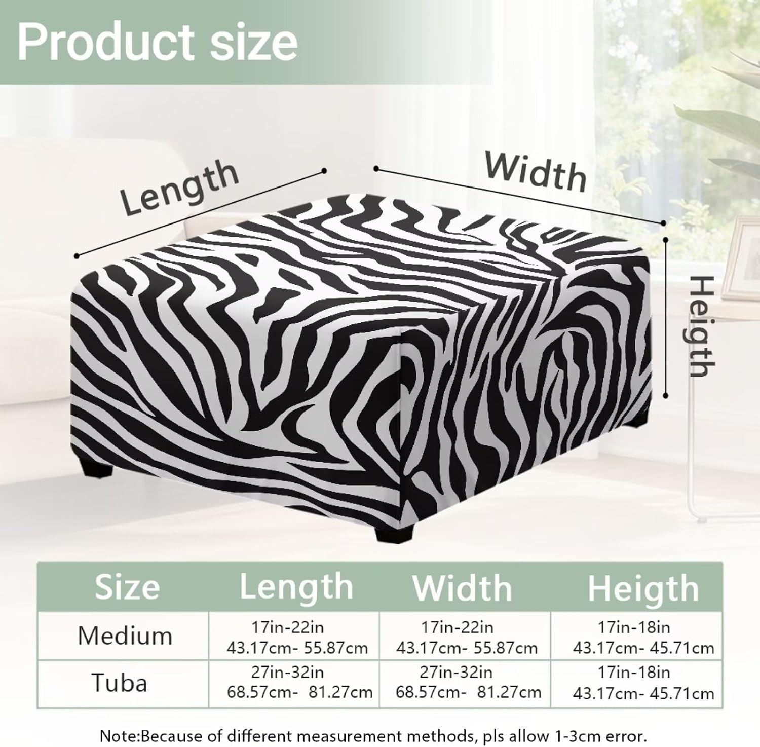 Talayituse Zebra Stripe Print Square Ottoman Cover, Stretch Square Ottoman Covers Slipcover, Cover for Storage Stool, Footstool Protection for Living Room, L
