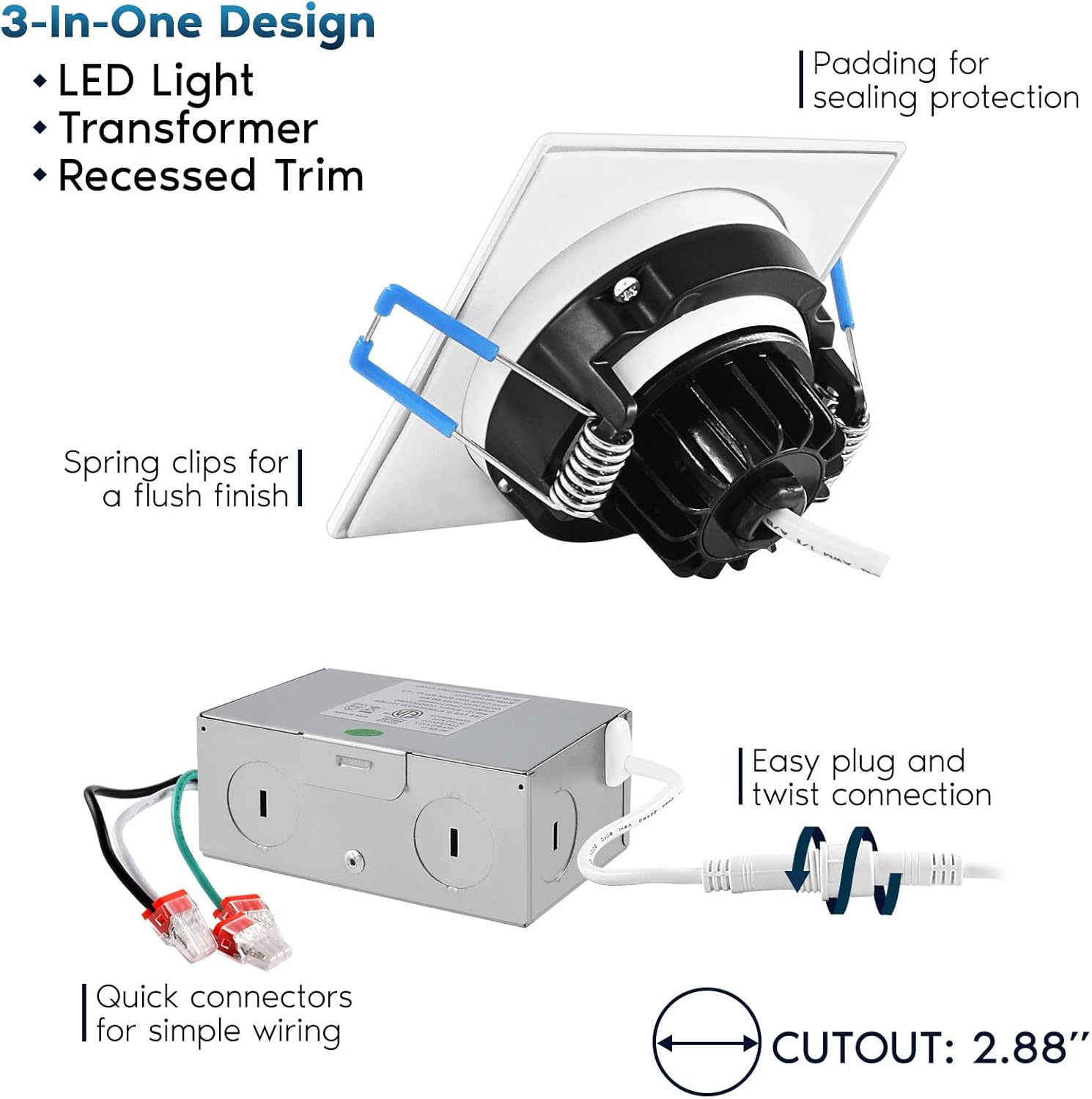 LUXRITE 3 Inch Square Gimbal Recessed LED Lights with Junction Box, 8W, 5 CCT Color Selectable 2700K-5000K, Adjustable Swivel Eyeball Spotlight Downlight, 600LM, Dimmable, Damp Rated, ETL (4 Pack)