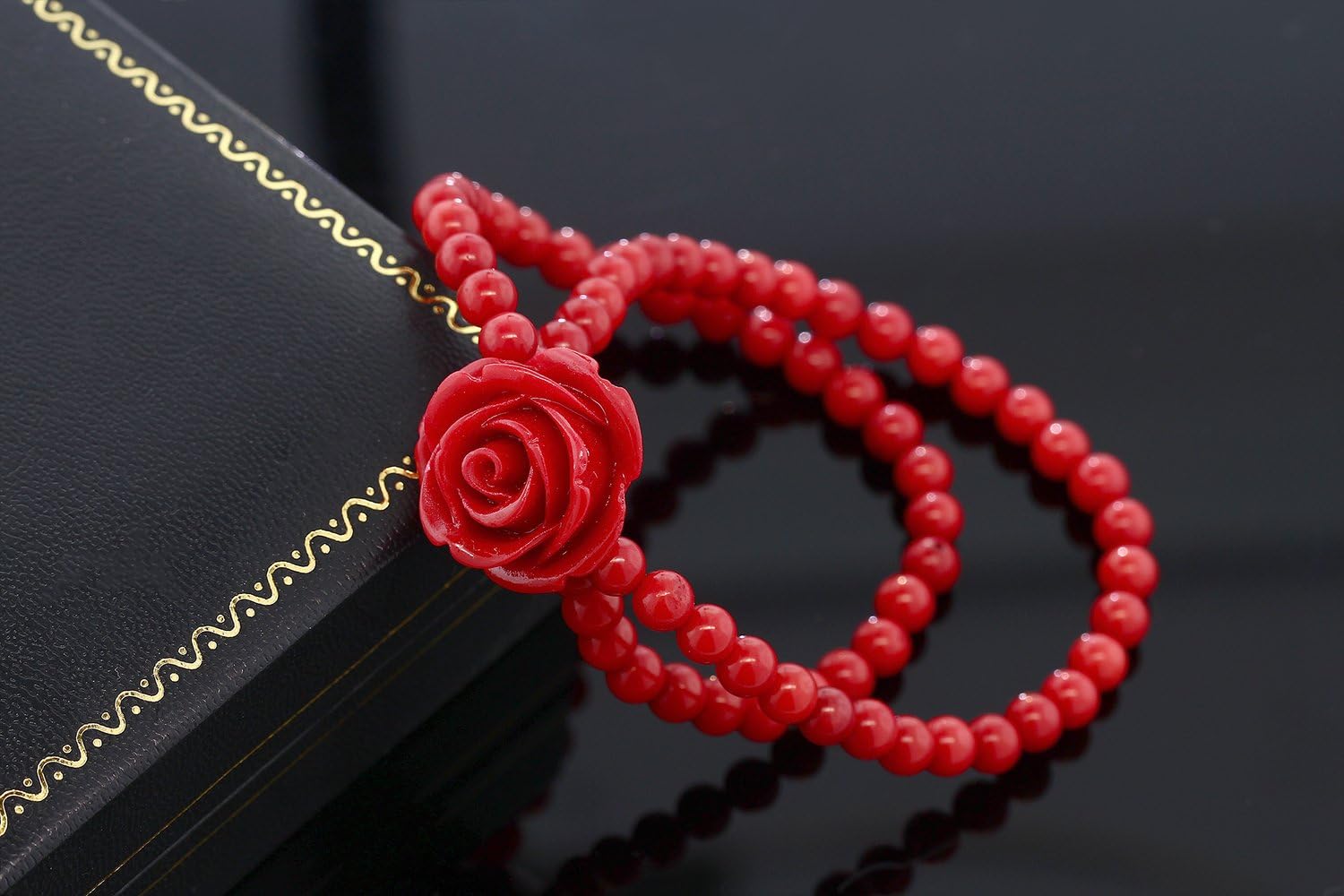 Gem Stone King 7 Inch Red Simulated Coral Bead Rose Flower Stretch Bracelet For Women 5mm - Image 3