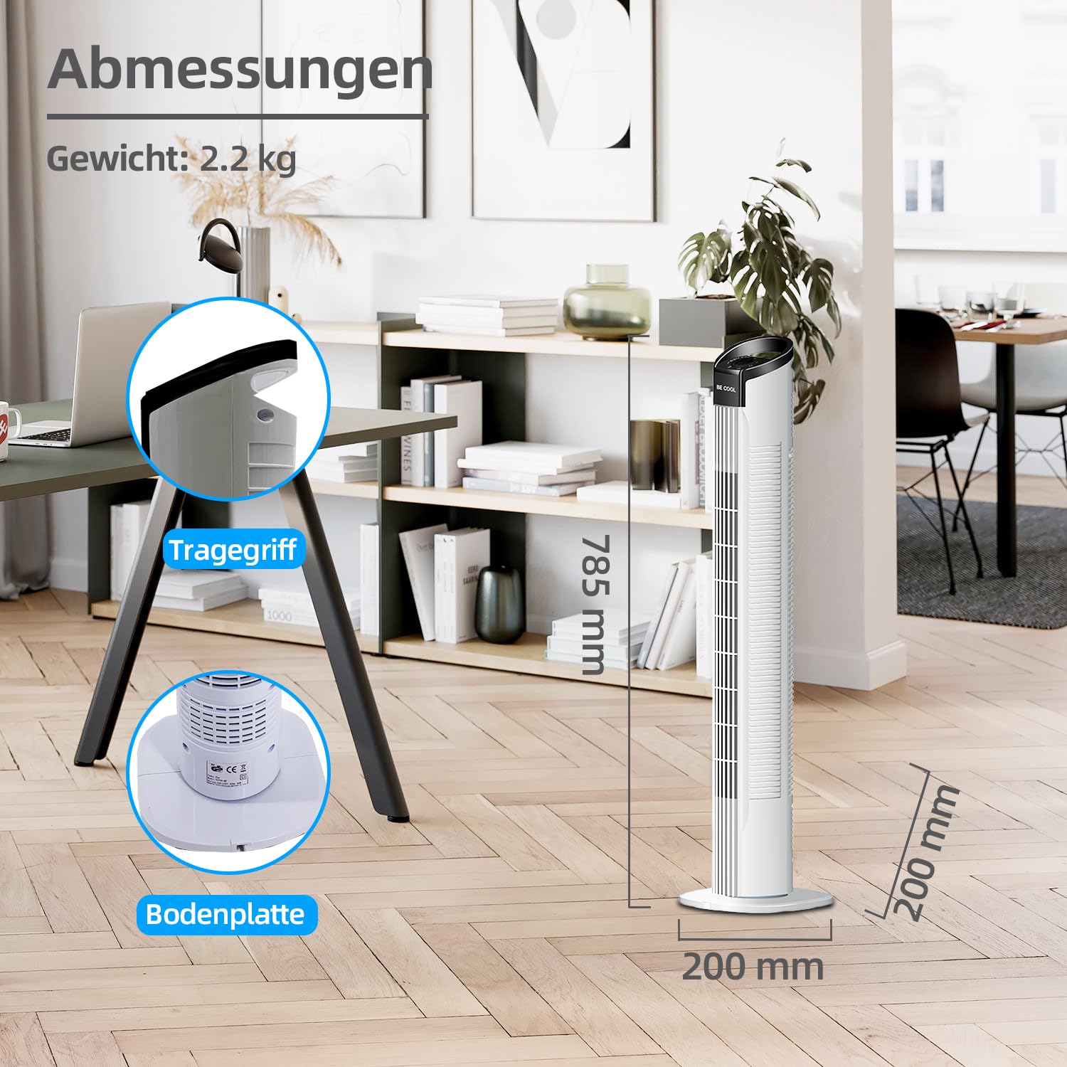 Be Cool Wentylator kolumnowy – efektywny wentylator do wnętrz, 3 poziomy prędkości, smukła konstrukcja, cicha praca – 78 cm, biały