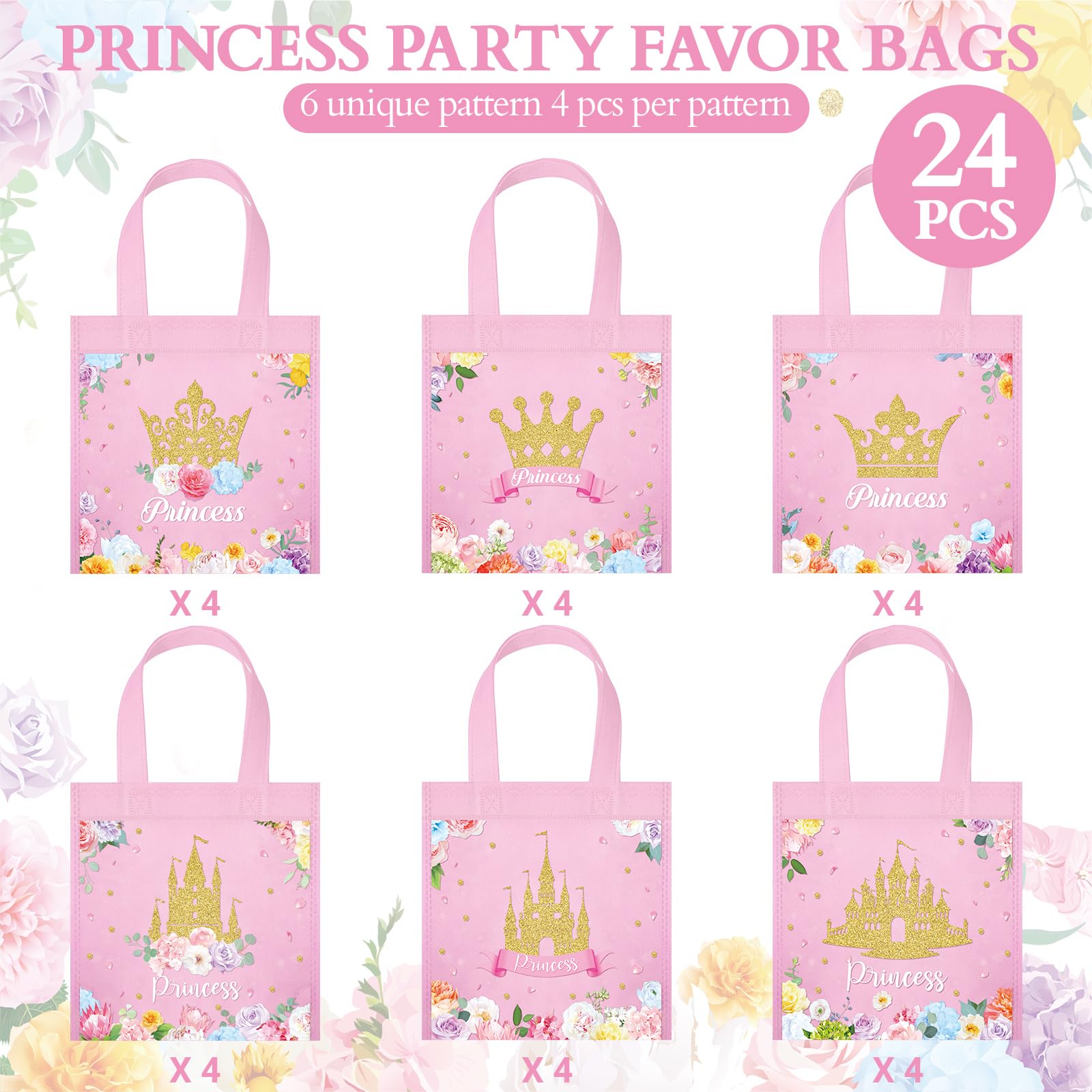 Hitkmi 24 Pcs Princess Party Bags With Handles – Pink & Purple Castle Design, 8.66x6.3x3.15 Inches