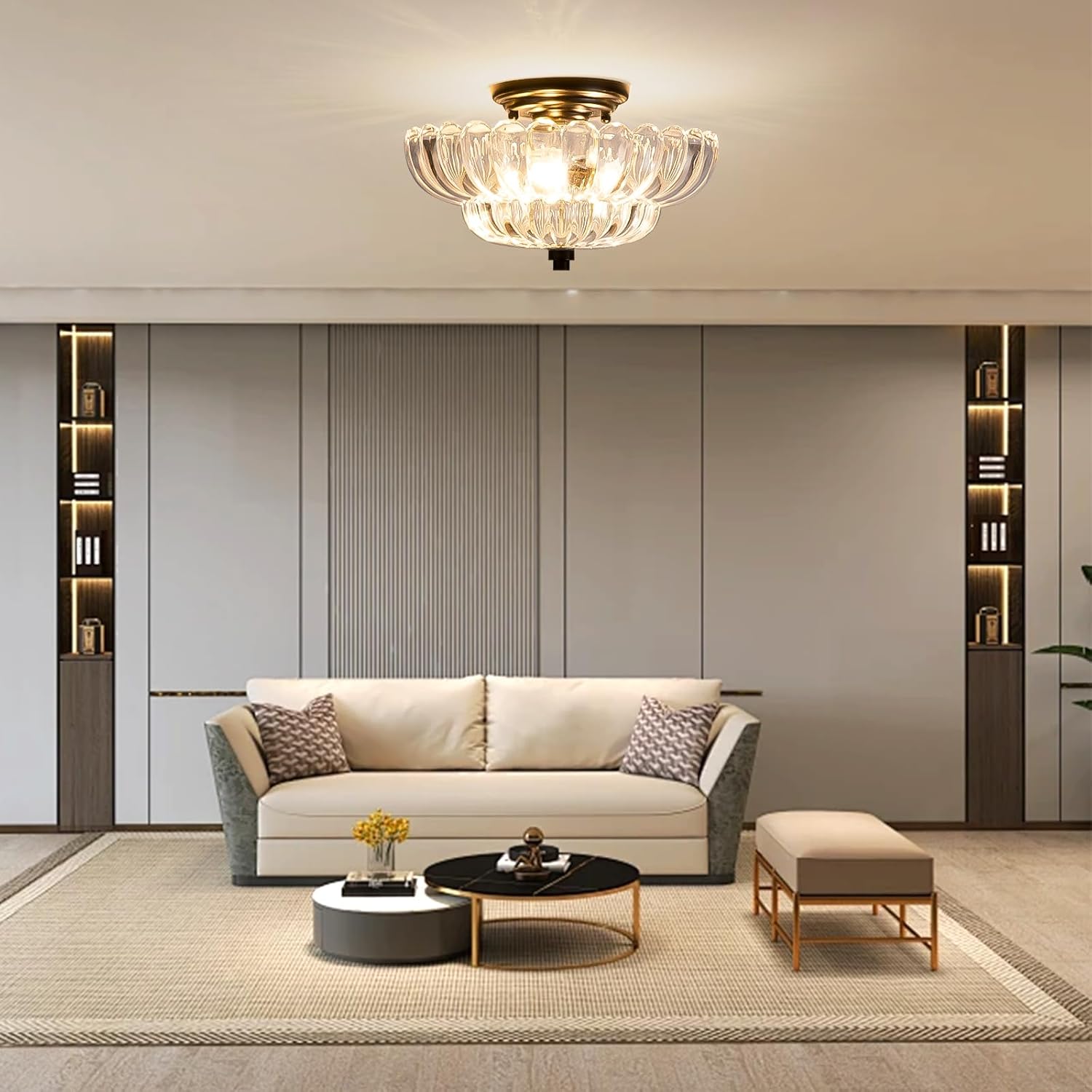 Semi Flush Mount Ceiling Light, Vintage Glass Close to Ceiling Light Fixtures with 3 Lights, Modern Black Flush Mount Ceiling Lights for Hallway, Bedroom, Kitchen, Living Room