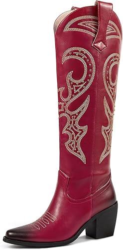wetkiss Botas vaqueras para mujer, hasta la rodilla, botas vaqueras para mujer, con diamantes de imitación, cómodas, a la moda, altas y brillantes,