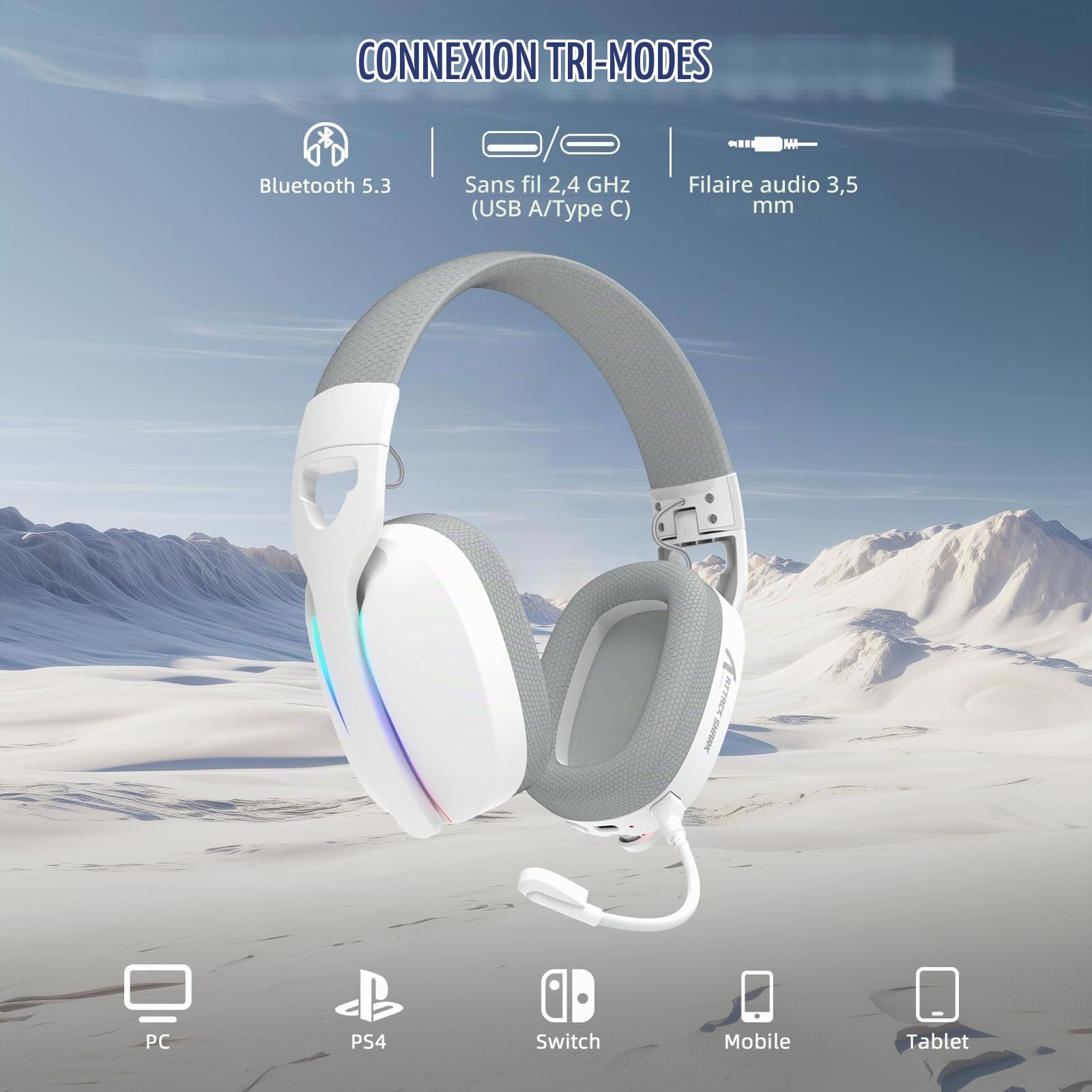 ATTACK SHARK L90 Casque Gaming sans Fil Ultra-Léger, BT, 2.4G, Câblé 3.5mm, Éclairage RGB Pliable, Son Surround 7.1 Over-Ear avec Microphone Antibruit Détachable, pour PC, Mobile - Blanc