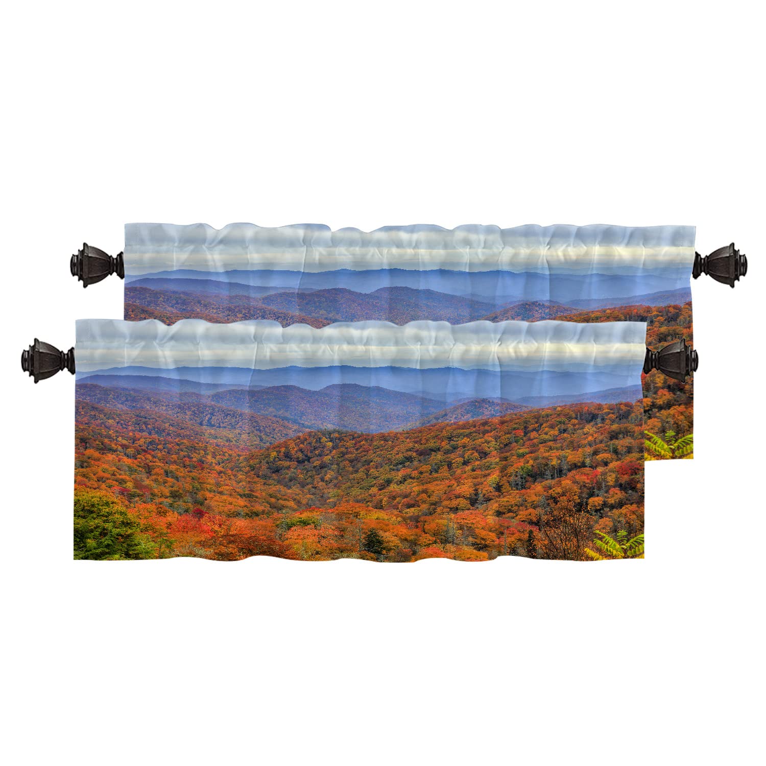 BaoNewsOrange Natural Smoky Mountains Kitchen Valances for Windows,Landscape Blue Sky Blackout Valances Curtains Multilayer Polyester Drapes for Kitchen Bedroom 2 Pack 52X16 Inches