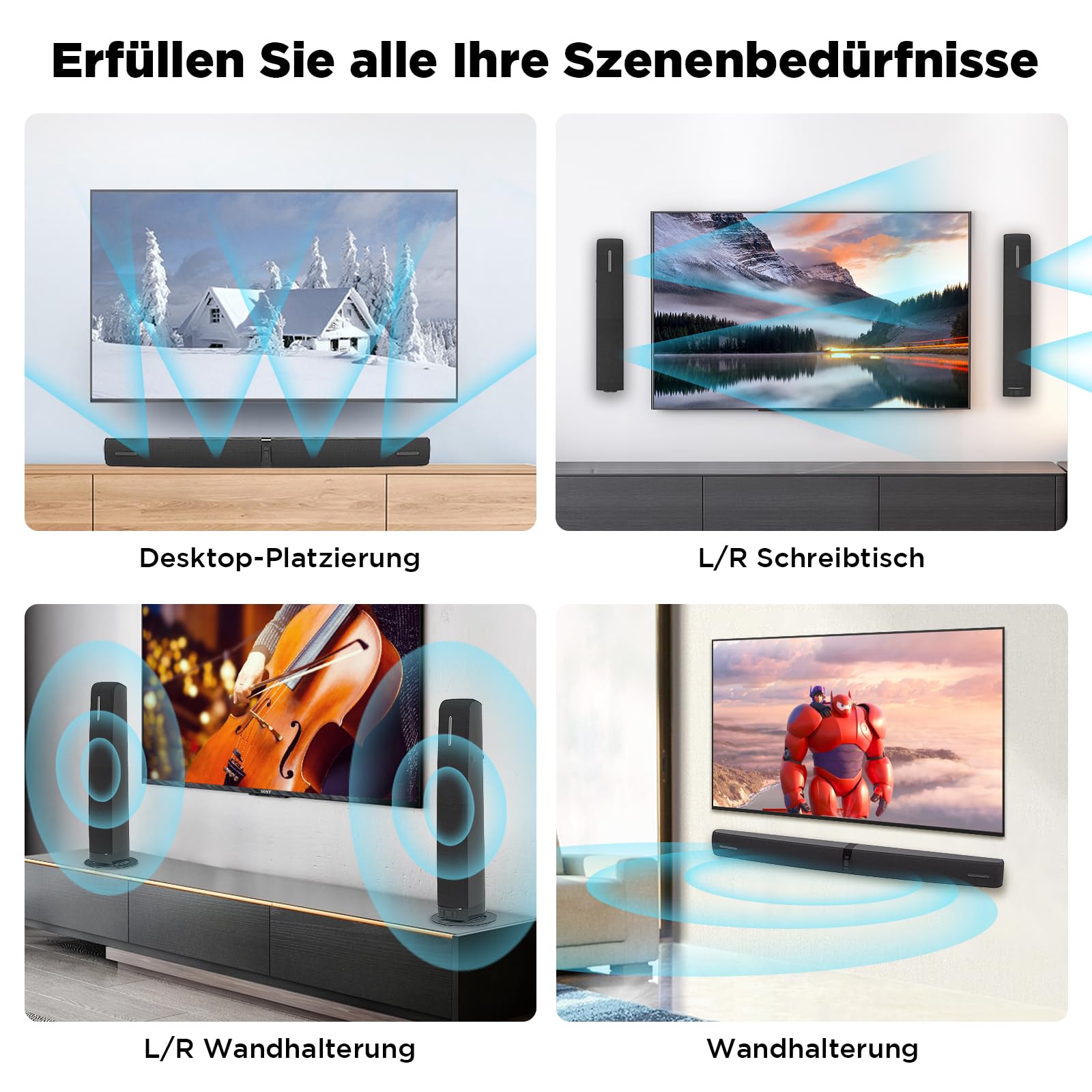 Soundbar für TV, 90 W 2-in-1 Abnehmbar Soundbar mit Auto Volume Boost, TV-Lautsprecher mit Bluetooth 5.3/ARC/Opt/AUX-Anschluss, Heimkino-Soundbars für PC/Gaming/Projektoren, 1 Stück