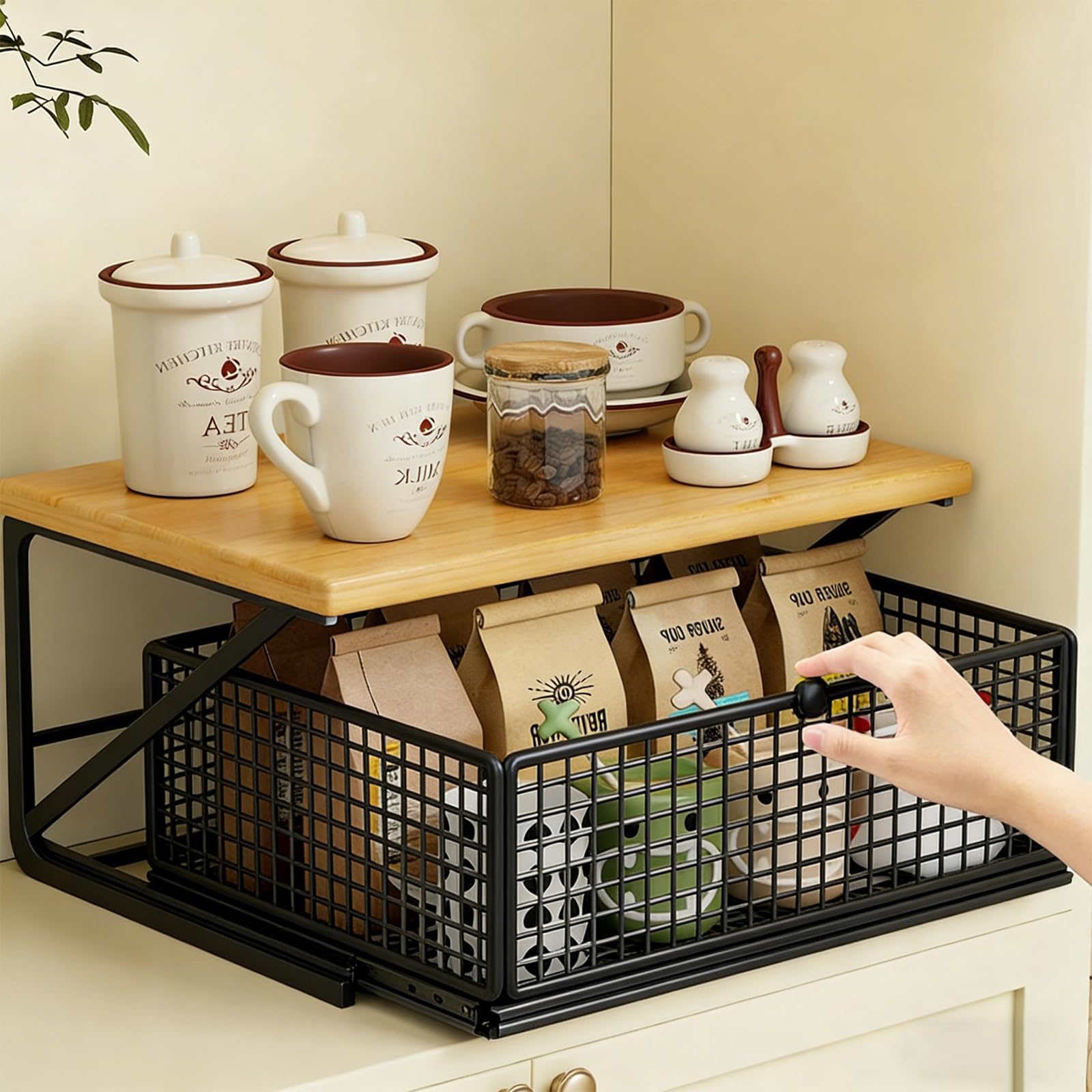 1-Eben Metall Küchenorganizer Arbeitsplatte, Ausziehbare Schublade, Multifunktionaler Tisch-Aufbewahrungsregal für Snacks, Teebeutel & Kleingeräte, Platzsparender Organizer (Schwarz+Naturholzfarbe)