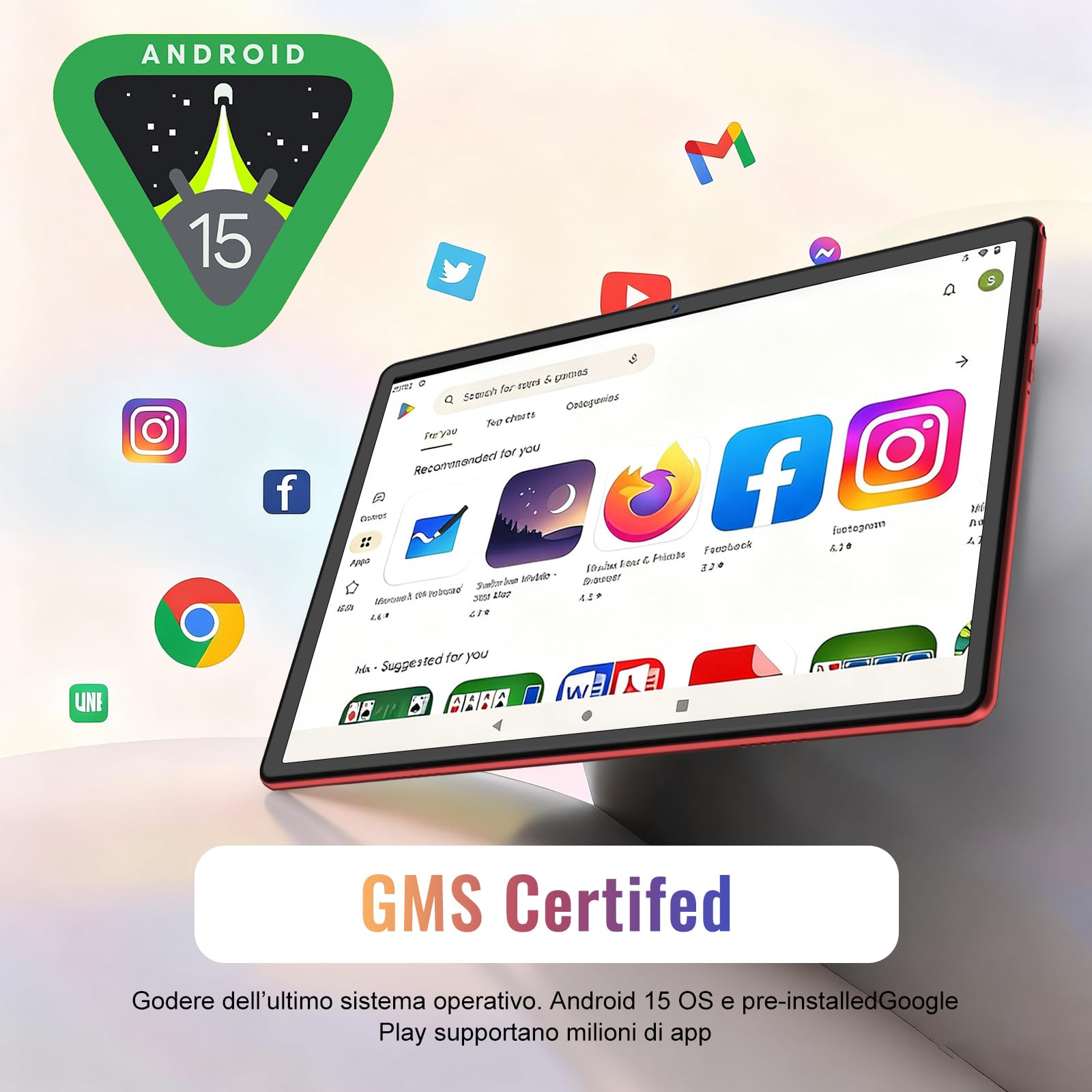 Tablet 10 Pollici Android 15 con 64GB ROM +2TB TF, 5G WiFi 6, Octa-Core, GMS, Bluetooth 5.0, 5MP+8MP, 1280*800 FHD IPS, GMS Certificazione, Widevine L1, Newest Tablet 2 in 1 con Tastiera e Mouse - Red